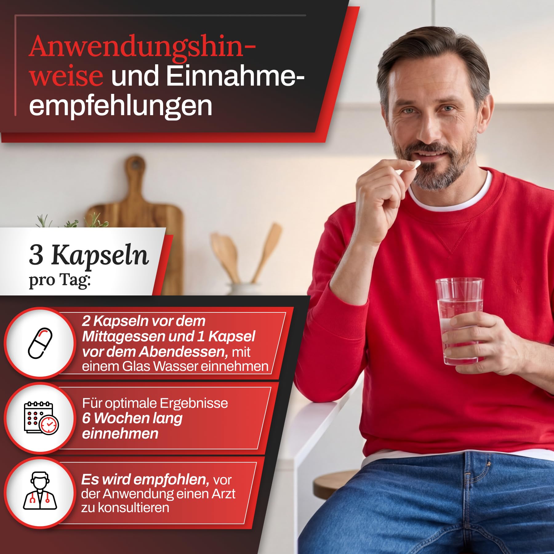 Kapseln TESTOSTERON BOOST | Nahrungsergänzungsmittel für Männer mit Maca, L-Arginin, Ginseng, Sägepalme, Vitamin C, Vitamin B3, Vitamin E, Zink und Selen | 30 Kapseln