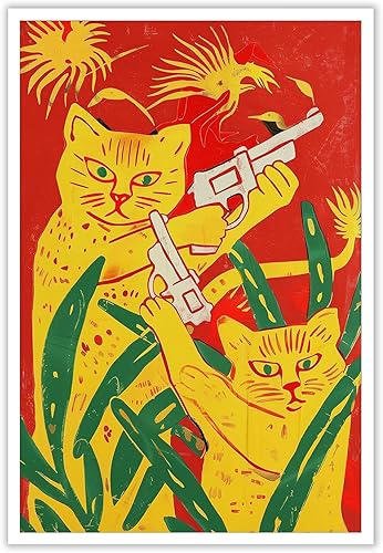Póster abstracto vintage de gato, retro, minimalista, estético, dos gatos amarillos sosteniendo pistolas, pintura divertida acuarela de gato, lienzo