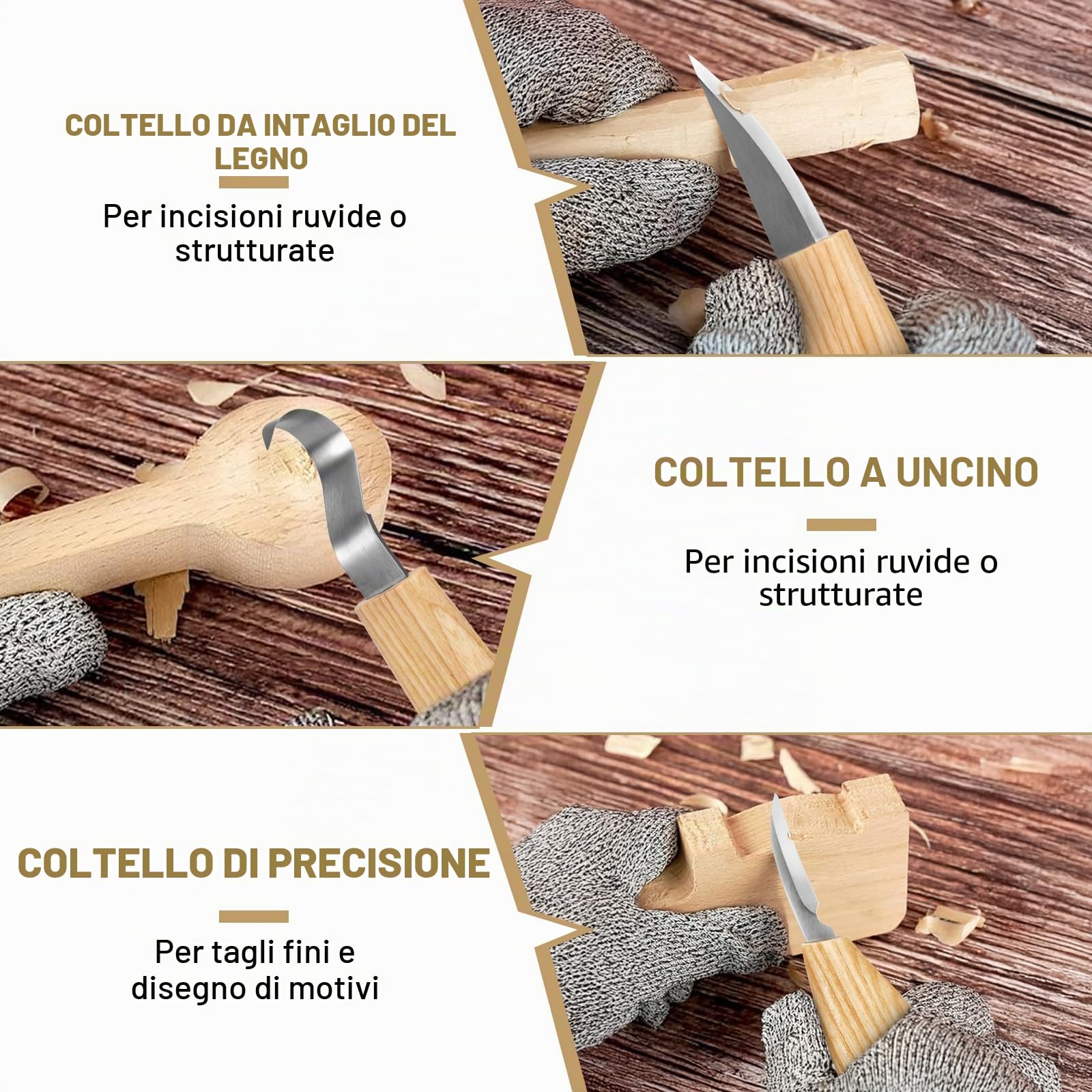 Set di strumenti per intaglio in legno, set di strumenti per intaglio con guanti resistenti al taglio, manico e pietra per affilare, per principianti e professionisti