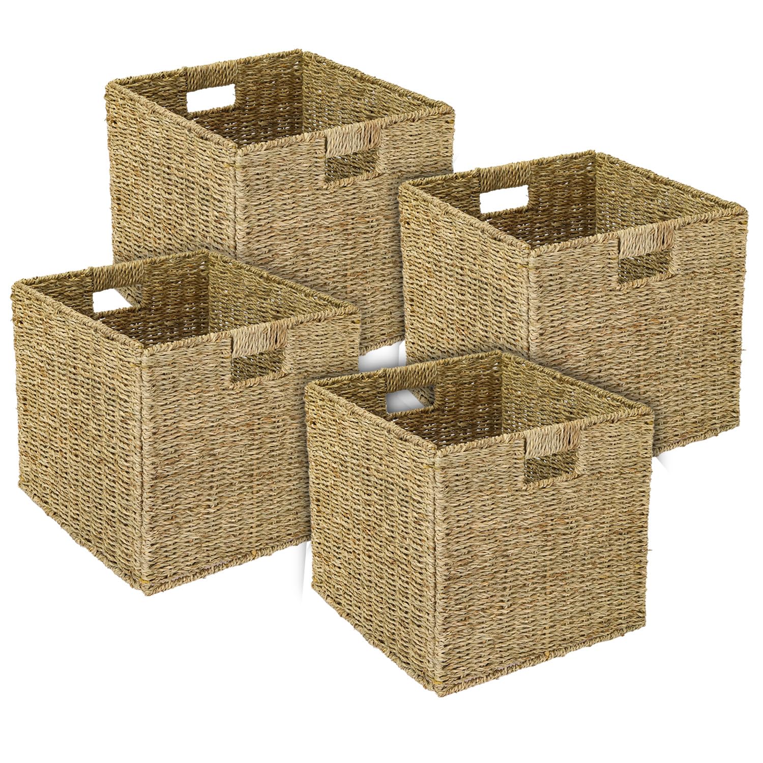 HMF Aufbewahrungskorb passend für KALLAX Regal, Korb geflochten aus Seegras mit Griffen | 4er Set | 32 x 34,5 x 32 cm | Natur