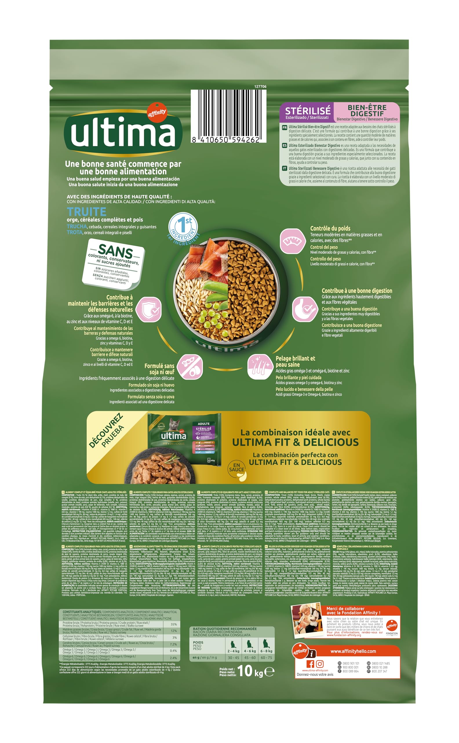 Ultima Bienestar Digestivo - Pienso para Gatos Esterilizados con Digestión Sensible con Trucha - 10kg