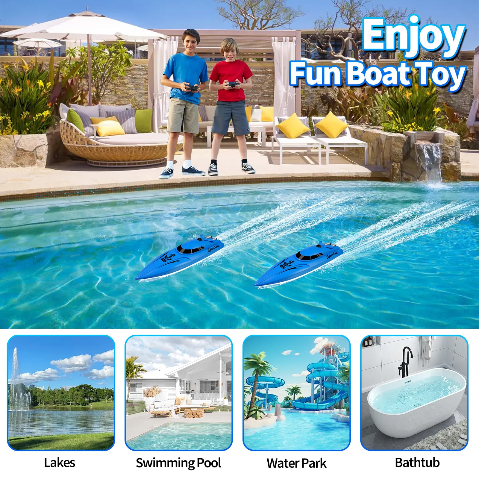 Bateau RC, 2.4 GHz High Speed Mini Boats, Bateaux télécommandés pour piscines et Lacs, Bateau radiocommandé pour Enfants, 30+ Mins, 2 Batteries