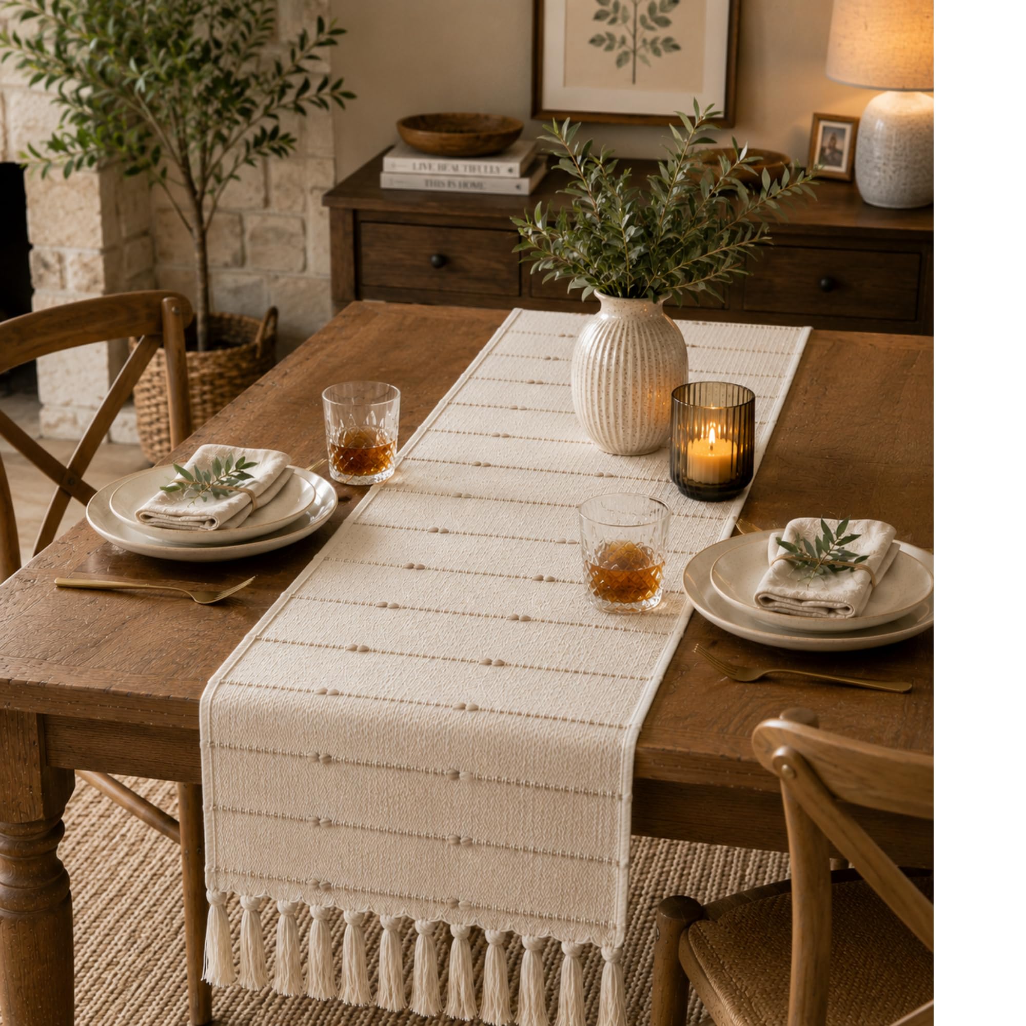 Elegant Cotton Table Runner - Beige Striped -10