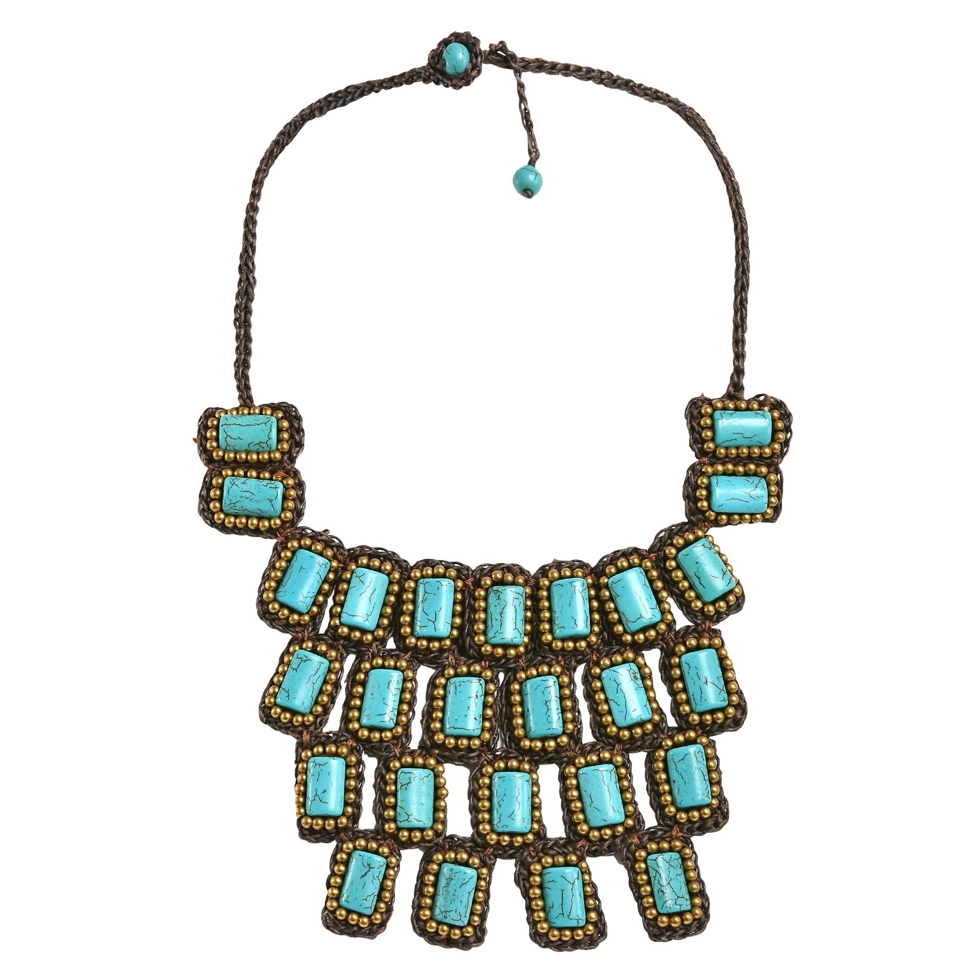 AeraVida Adjustable Classic Turquoise Gemstone Bib Ethnic Tribal Chunky Collar Statement Brass Bright Color Boho Necklace, 18 inch | Bold