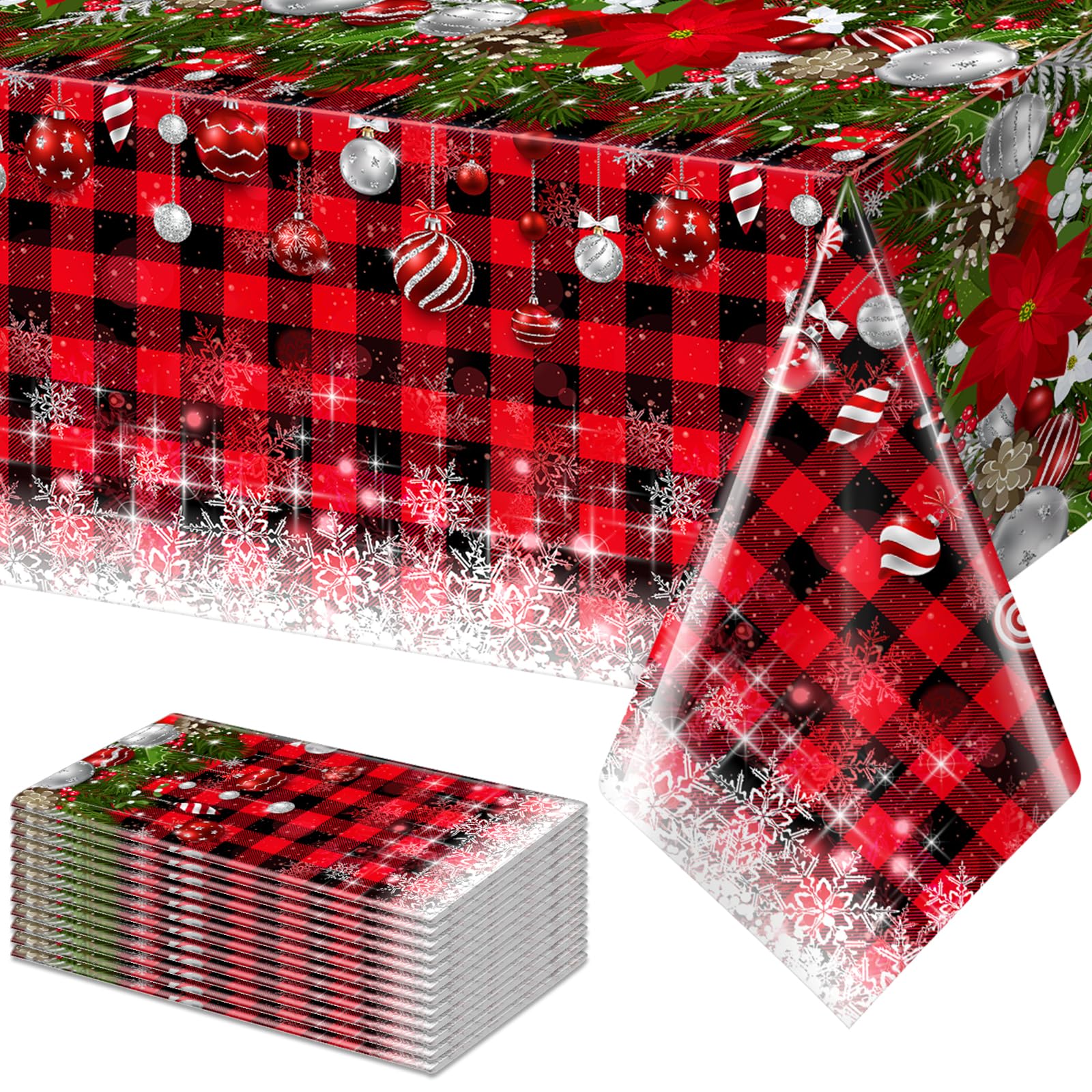 12Pcs Christmas Buffalo Plaid Snowflake Tablecloths,Plastic Red and Black Checkered Rectangle Christmas Tree Color Ball Table Cover for Winter Xmas New Year Holiday Party Decorations,54x108 inch