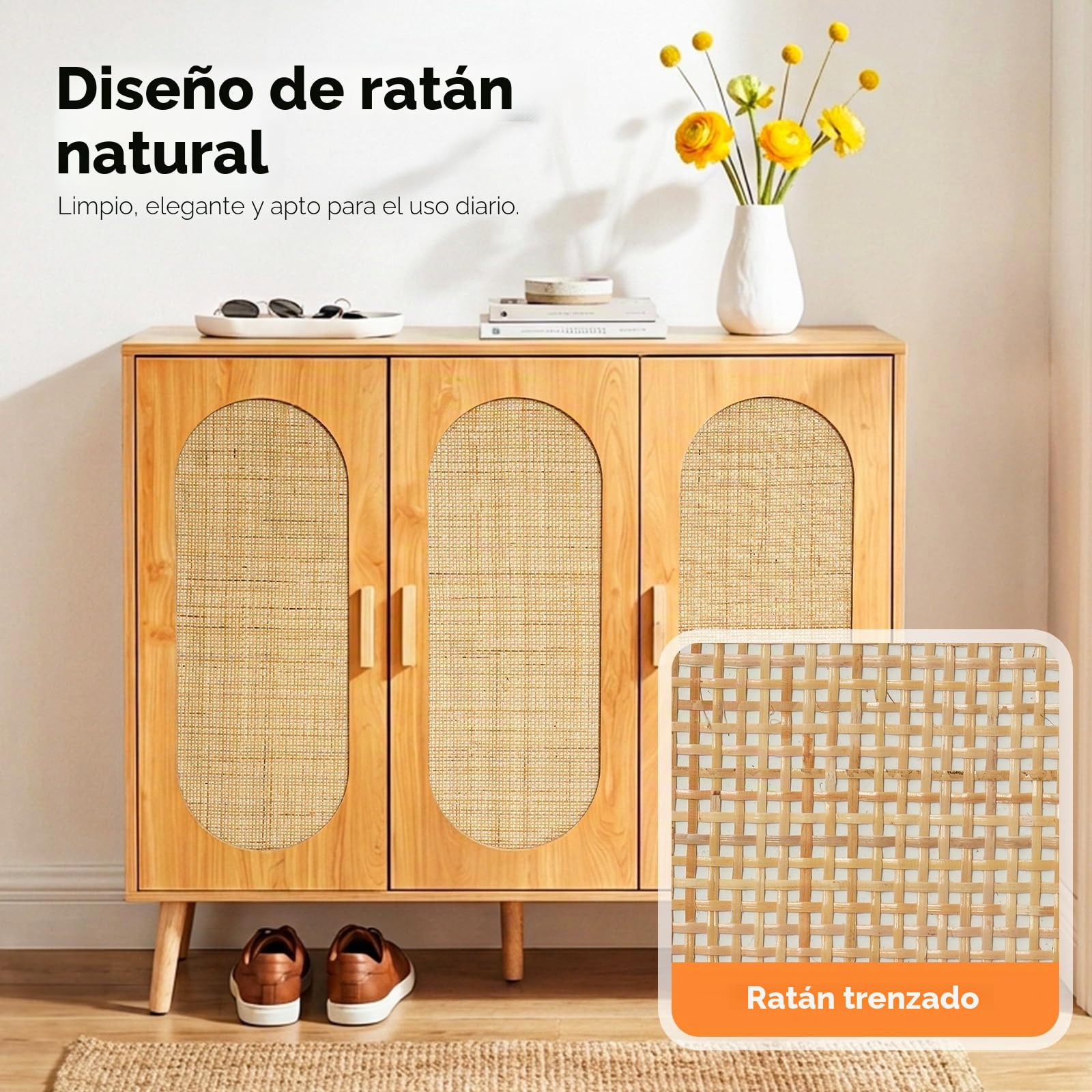 HOKEEPER Armario Zapatero de Ratán con 3 Puertas, Ideal para Recibidor o Entrada, Mueble Zapatero de Madera Estrecho, Veta de Madera