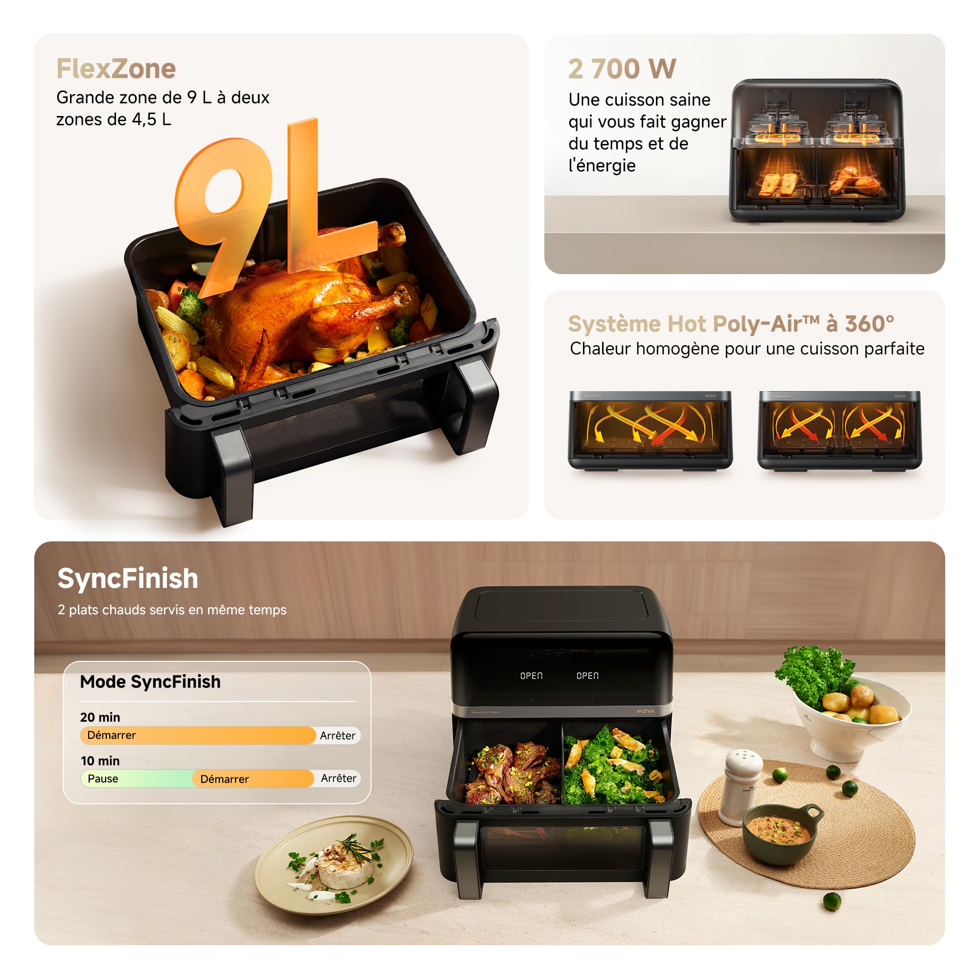 MOVA Friteuse à Air AeroChef FD20 Pro | Double Zone 9 L, SyncFinish, 2 700 W, 40 à 230 °C, Circulation d'Air Chaud à 360°, 7 Programmes, Revêtement Antiadhésif