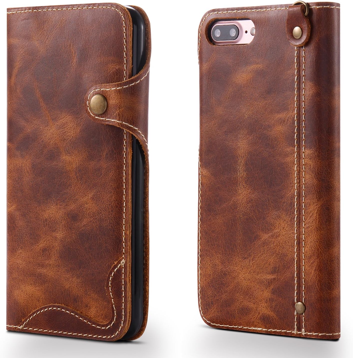 Genuine Leather Wallet Case for iPhone 8 Plus,Classic Oil Wax Pattern Real Leather Button Card Slot Flip Stand Case Cover with Lanyard Red