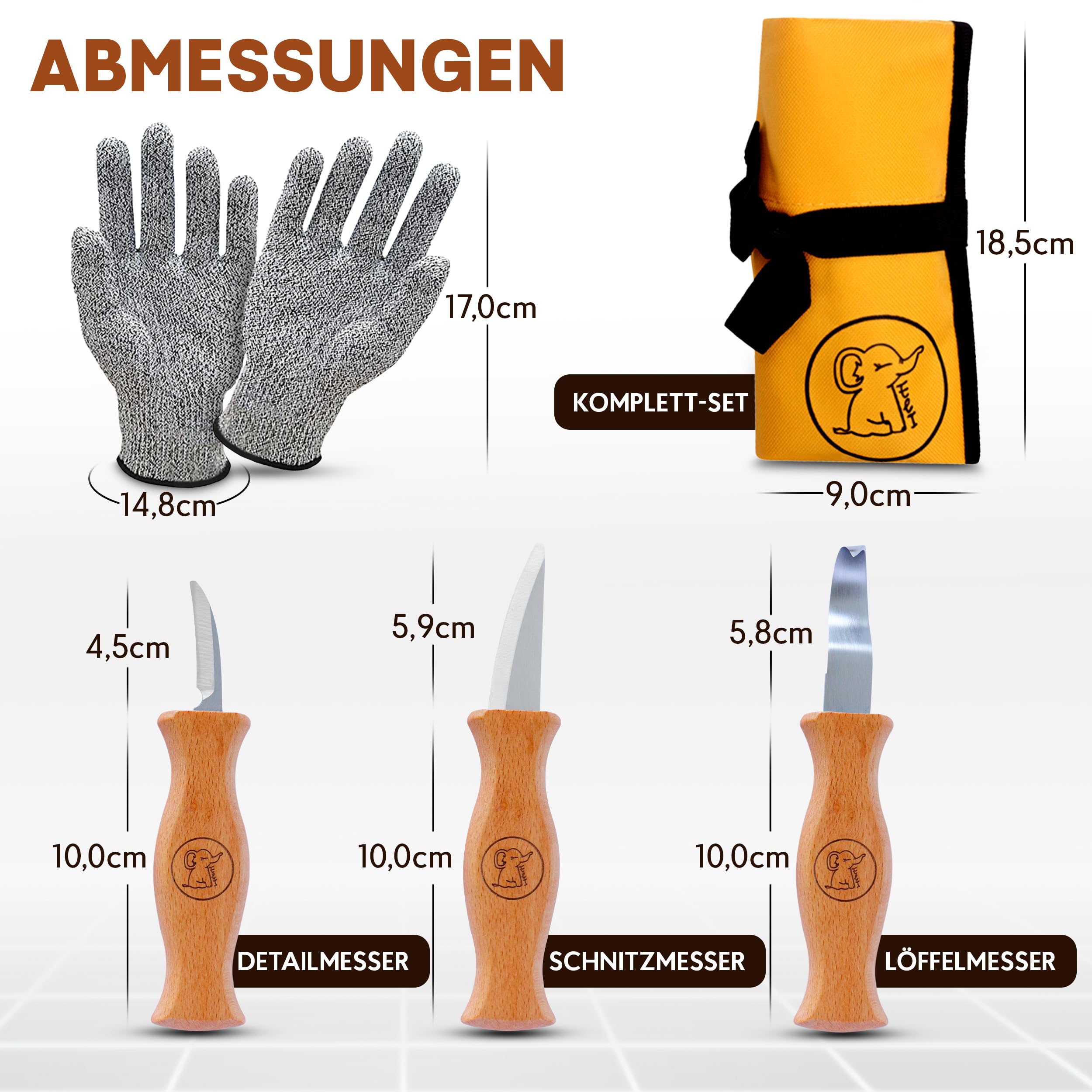 Eli® Schnitzmesser Kinder Set ab 6 Jahre inkl. Handschuhe und Schnitzholz | hochwertiges 15-teiliges Kindermesser Schnitzset - Kinderschnitzmesser - Schnitzwerkzeug - Taschenmesser - schnitzen Geschenk