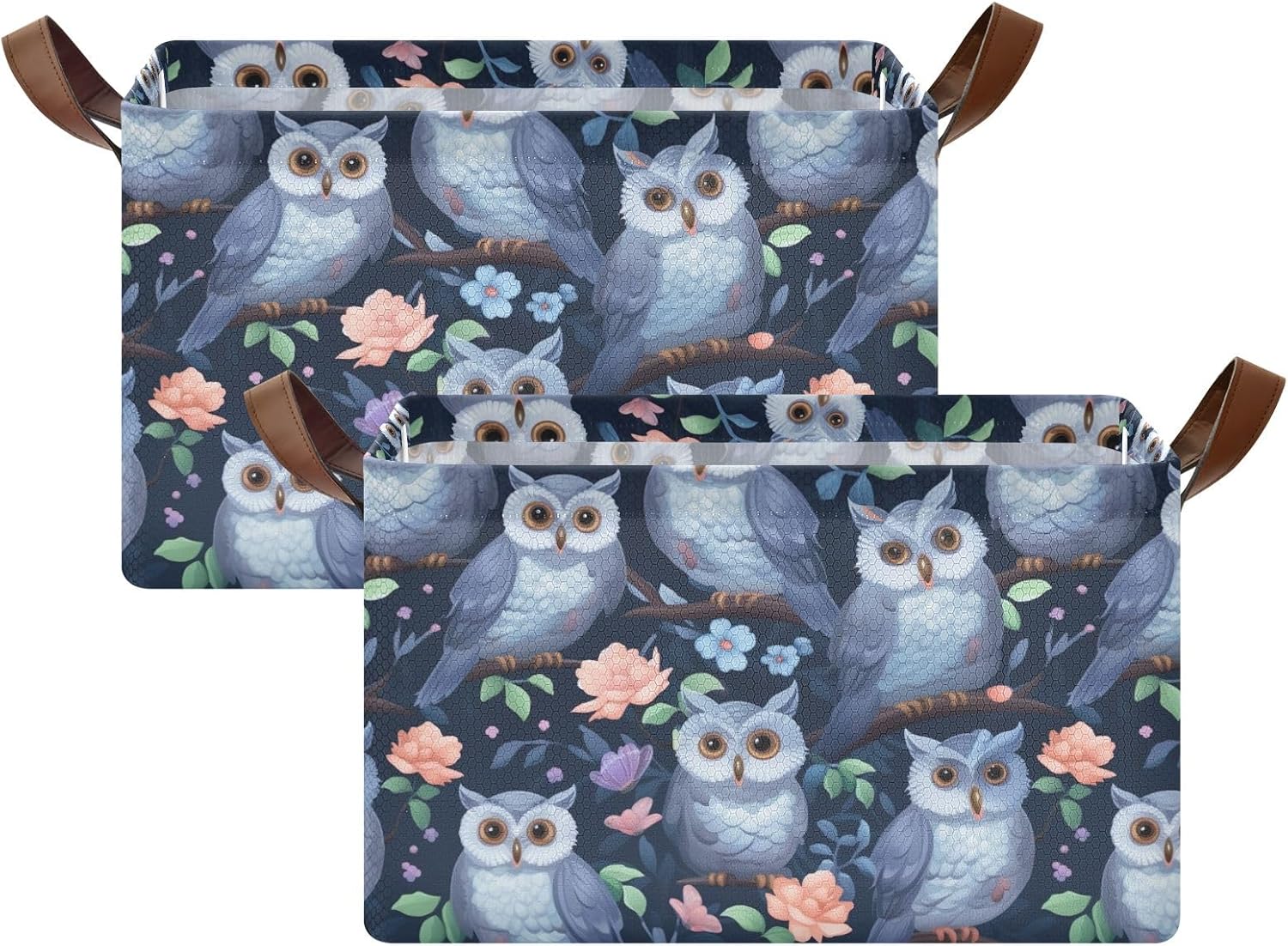Owls Night ネイビーバスケット ハンドル2個付き 16.9 x 11.4 x 10インチ 折りたたみ式衣類収納オーガナイザ