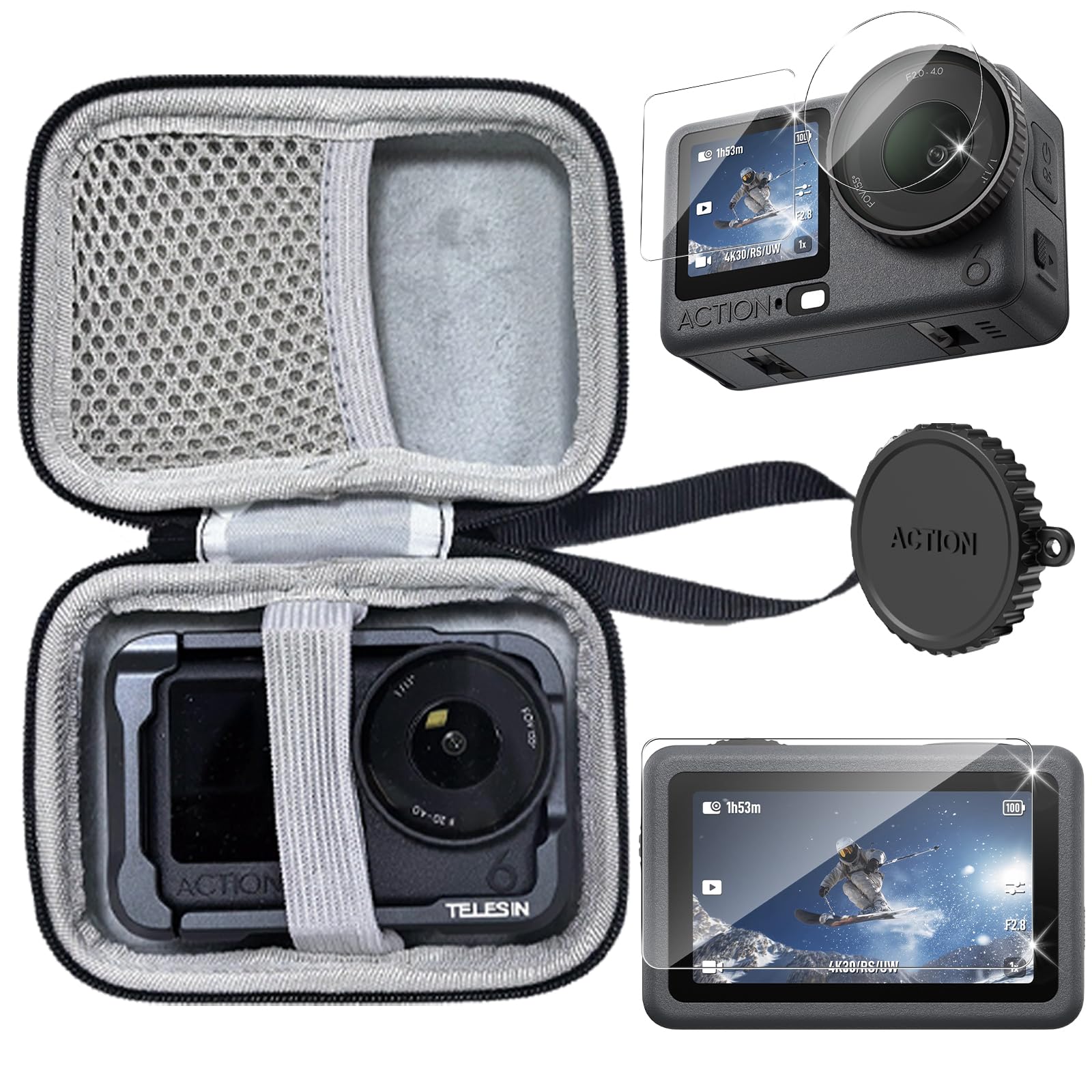Custodia Rigida Da Viaggio Per DJI Osmo Action 6 – Cover Protettiva Con Vetro Temperato 9H, Copriobiettivo In Silicone E Pellicola Schermo