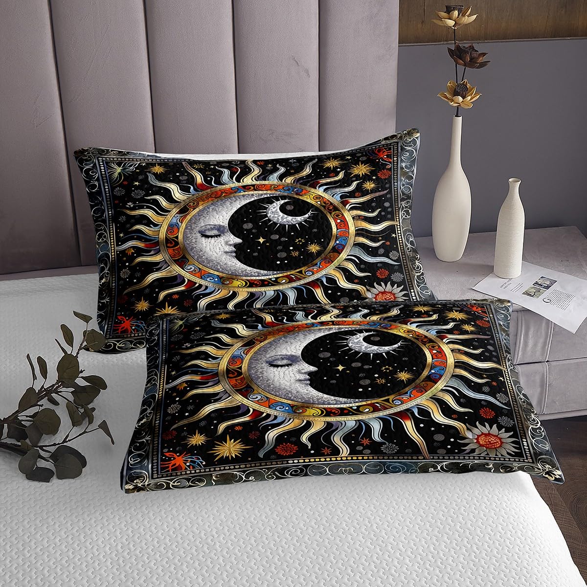 Homemissing Sun and Moon Quilted Bedspread Black White Gold Quilted Bedspread for Kids Boys Girls Boho Exotic Style Coverlet Set Bohemian Floral Quilted Bedroom Collection 3Pcs Double - Image 4