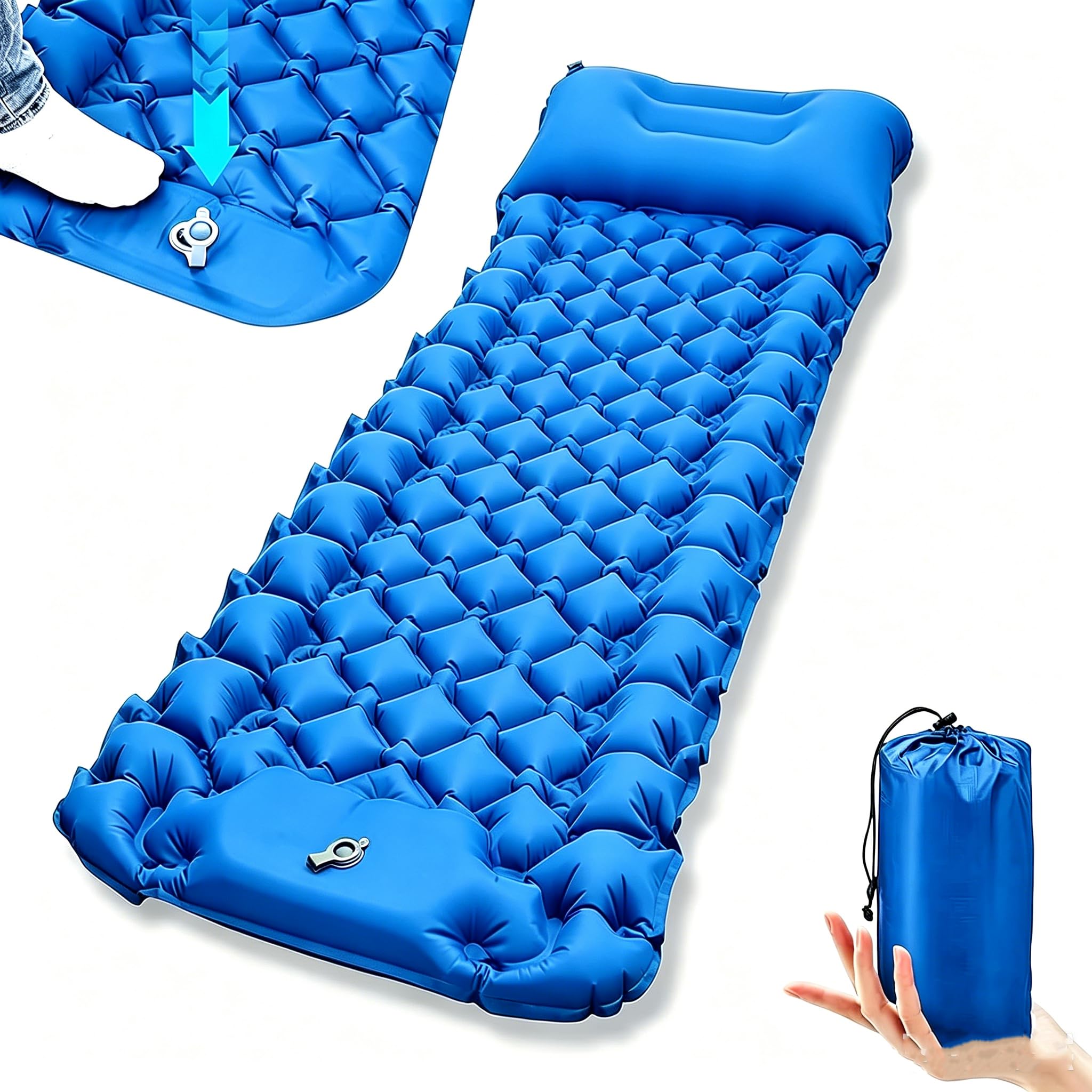 Materassino da campeggio, ultraleggero, gonfiabile, con cuscino con pompa a pedale integrata, portatile, impermeabile, compatto, per campeggio all'aperto, escursioni, escursioni, tende (blu, singolo)