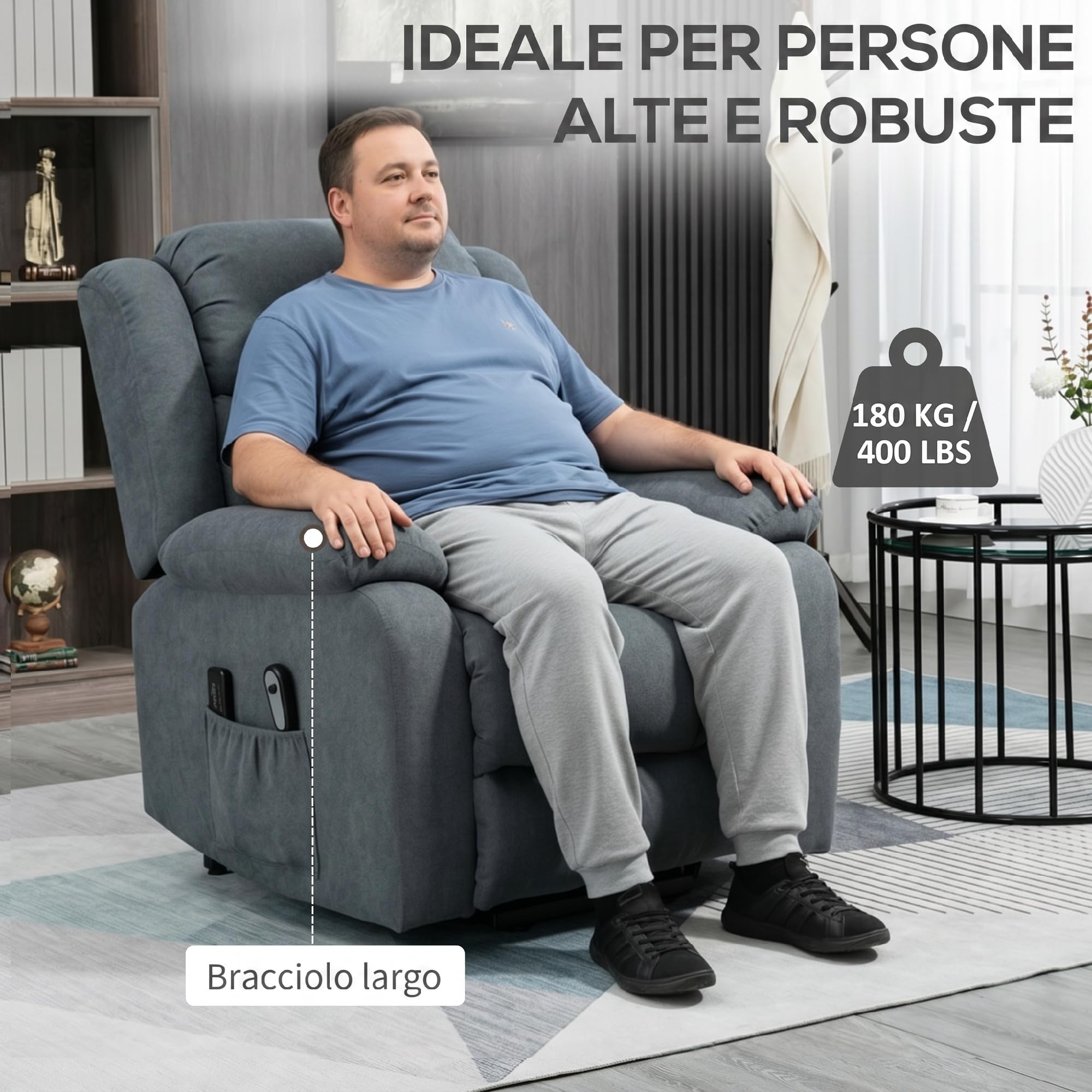 HOMCOM Poltrona Elettrica Alzapersona Reclinabile 135° Seduta Ampia Grigio | , Poltrona Relax in Tessuto Effetto Lino per Anziani, 8 Punti Massaggio Vibrante, Telecomando, Poggiapiedi, Tasche Laterali