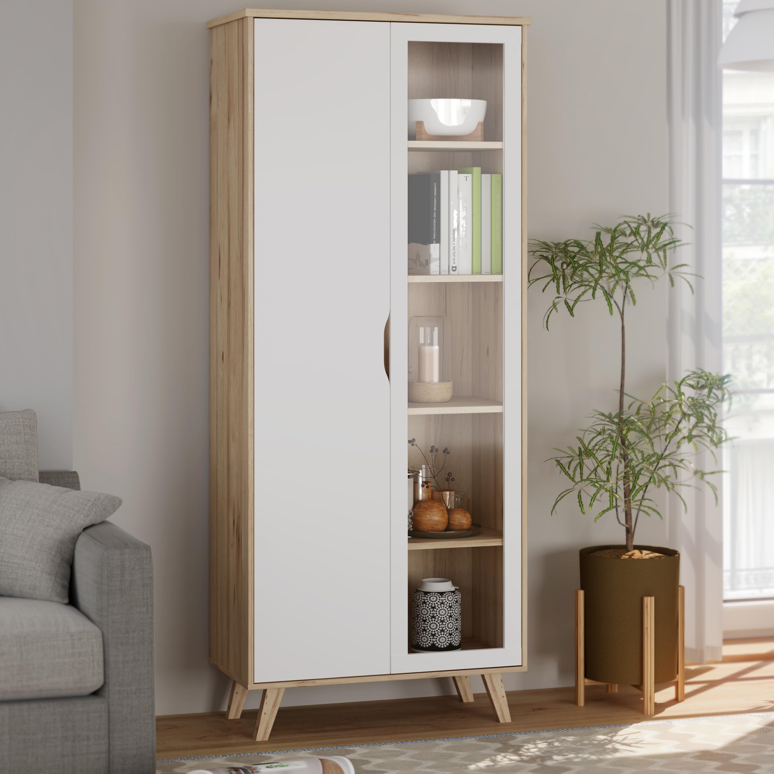 Forte VANKKA Vitrine 85, Vitrinenschrank mit 2 Türen (Davon 1 Glastür) und 2 Schubladen, Holzwerkstoff, Planked Eiche Dekor/Weiß, 84,7 cm breit, 201,5 cm hoch, 42 cm tief