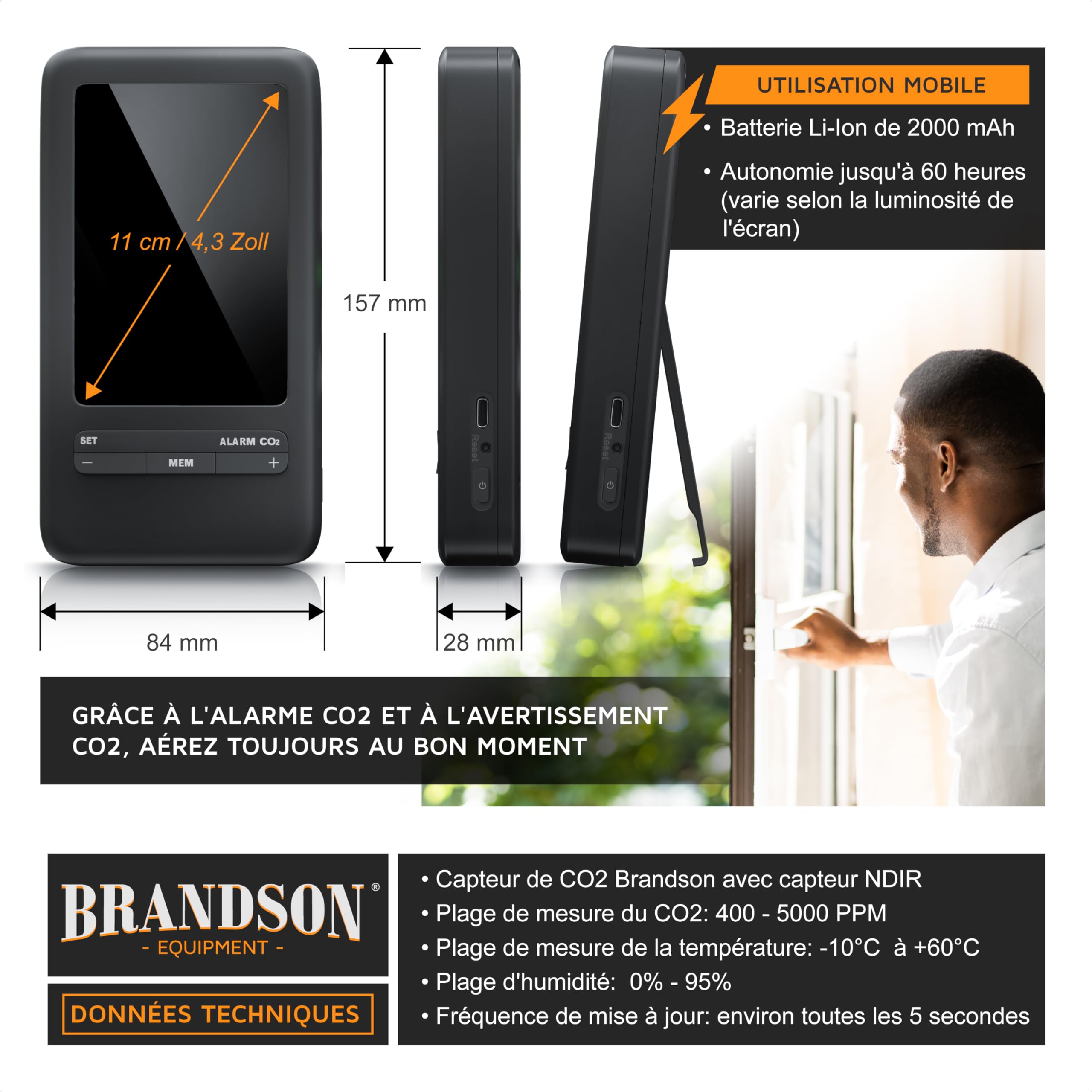 Brandson Moniteur de qualité de l'Air 5 en 1, Détecteur de CO2, Moniteur de Dioxyde de Carbone Température Humidité, Batterie Rechargeable 2000 mAh USB-C pour Maison Bureau Salle de Sport Voiture