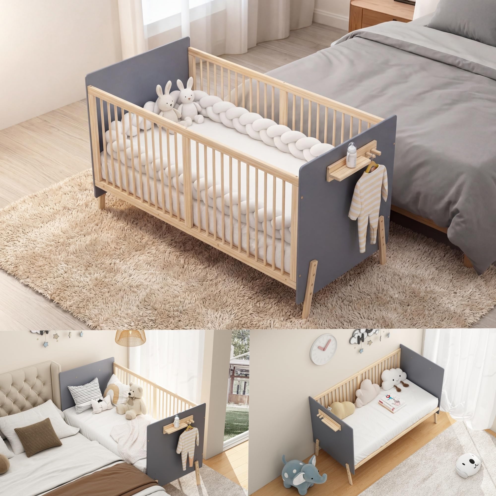 Babybett Holz mit Höhenverstellung – Beistellbett Baby & Sofabett | Massives Fichtenholz, 3‑stufig (20/25/30 cm), schadstofffreie Lackierung, Traglast 100 kg, inkl. Aufbewahrungsregal