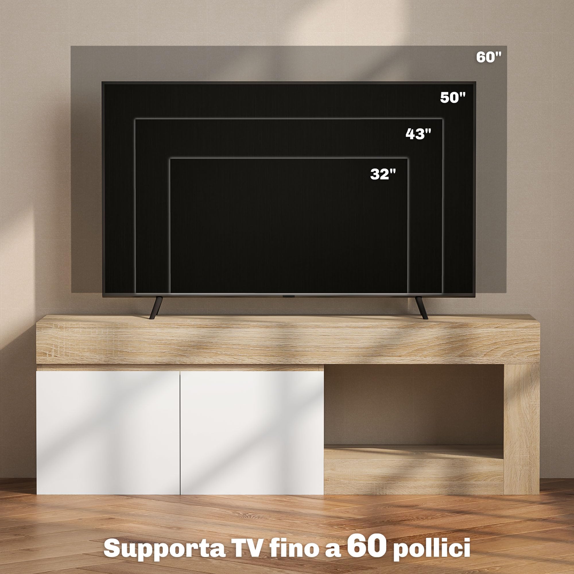 HOMCOM Mobile Porta TV 60" con Armadietto 2 Ante e Ripiano Aperto, Mobile TV in Legno per Salone, Camera da letto, Salotto e Soggiorno, 140x40x48 cm, Legno Naturale