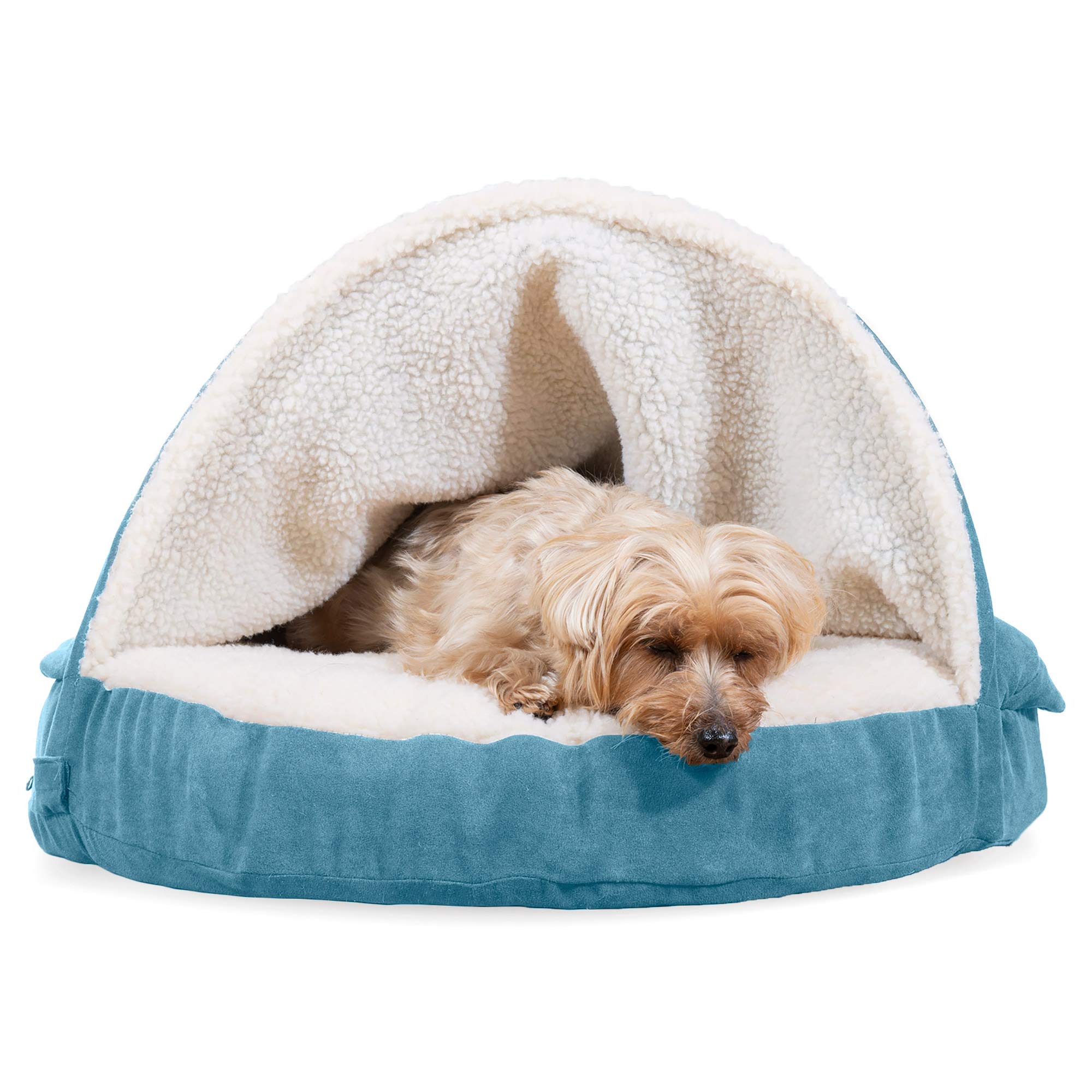 Furhaven Memory Foam Pet Bed for Dogs and Cats - Sherpa and Suede Snuggery Blanket Burrow Nest Dog Bed with Removable Washable Cover, Blue, 26-Inch