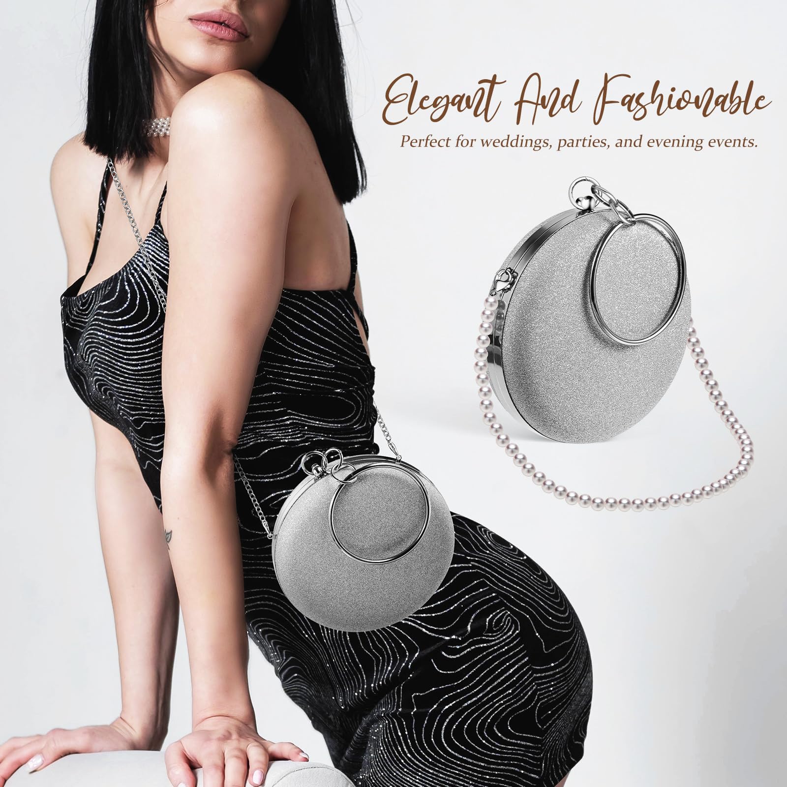 Abendclutch und Rundem Ring aus Pu Leder mit Abnehmbarer Perlenkette Runde in Silber mit Metallkette Damen für Tanz und Party