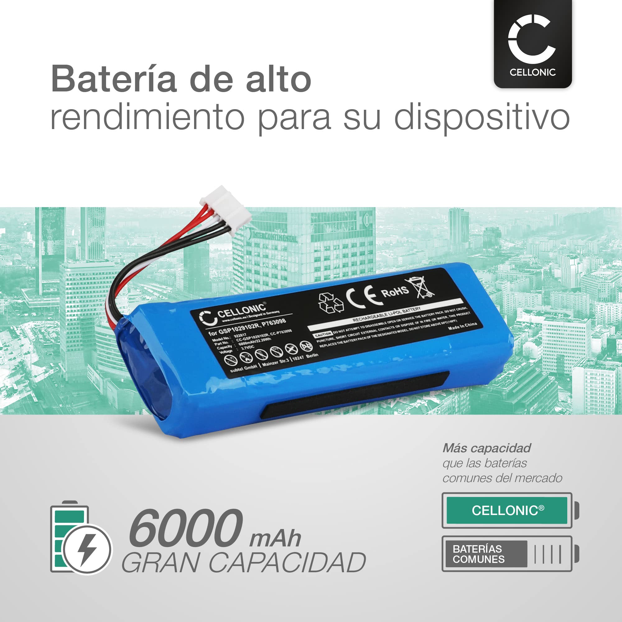 CELLONIC 1x Batería para Altavoz Compatible con JBL Charge 2, Charge 2 Plus, Charge 3 (2015), GSP1029102 - (6000mAh, 3.7V)