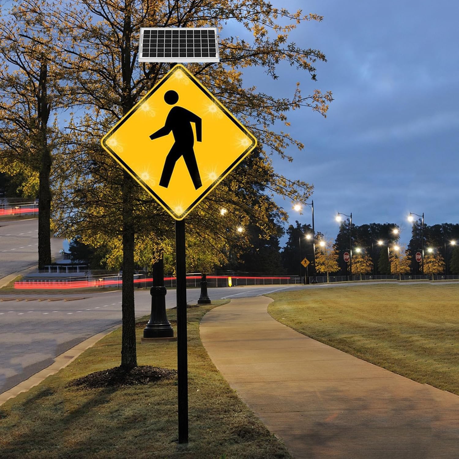 24" Solar Powered Pedestrian LED Flashing Crossing Sign, Pedestrian Road Traffic Warning Signs with Mounting Accessories, Rust-Proof Metal Frame,