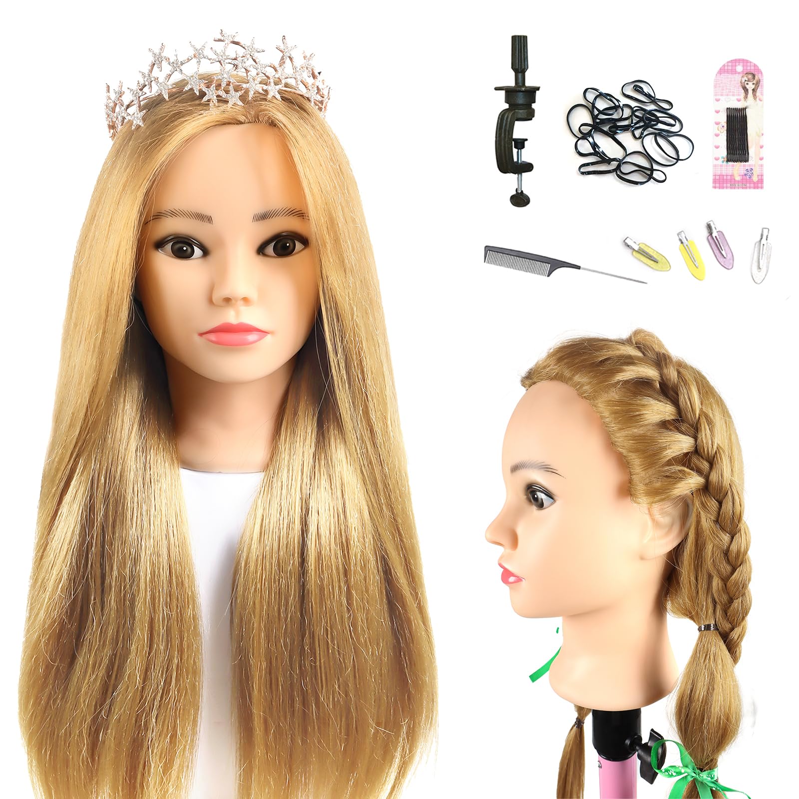 Schaufensterpuppe Kopf 26Inch Weiblich 80% Echthaar Friseur Kosmetologie Schaufensterpuppe Schaufensterpuppe Ausbildung Kopf Haar Puppe Kopf mit Tischklemme Halter (27#, 26Inch)