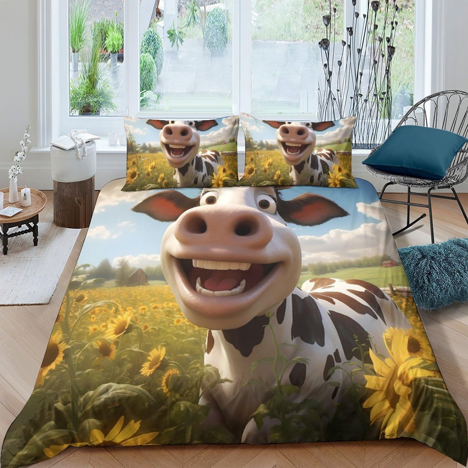 Ctjqhvkz Style-7 3D Printed Cartoon Cow Fitted Sheet Microfiber Fun Sunflower Meadow Bed Cover For Bedroom Dorm Mattress Protection Single（135X200cm）