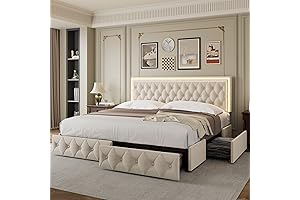 Fancy Queen Size Velvet Bed Frame with 4 Drawers and Adjustable Button Tufted Headboard