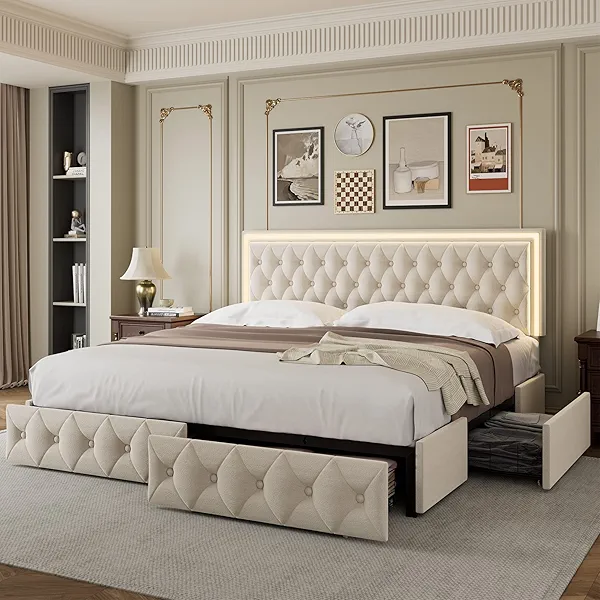 Keyluv Queen Upholstered LED Bed Frame with 4 Drawers, Velvet Platform Storage Bed with Adjustable Button Tufted Headboard and Solid Wooden Slats Support, No Box Spring Needed, Beige