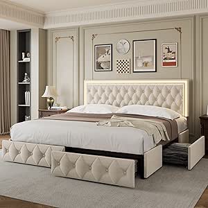 Keyluv - Base De Cama Tapizada Con Luz LED Y 4 Cajones, Tamaño Queen