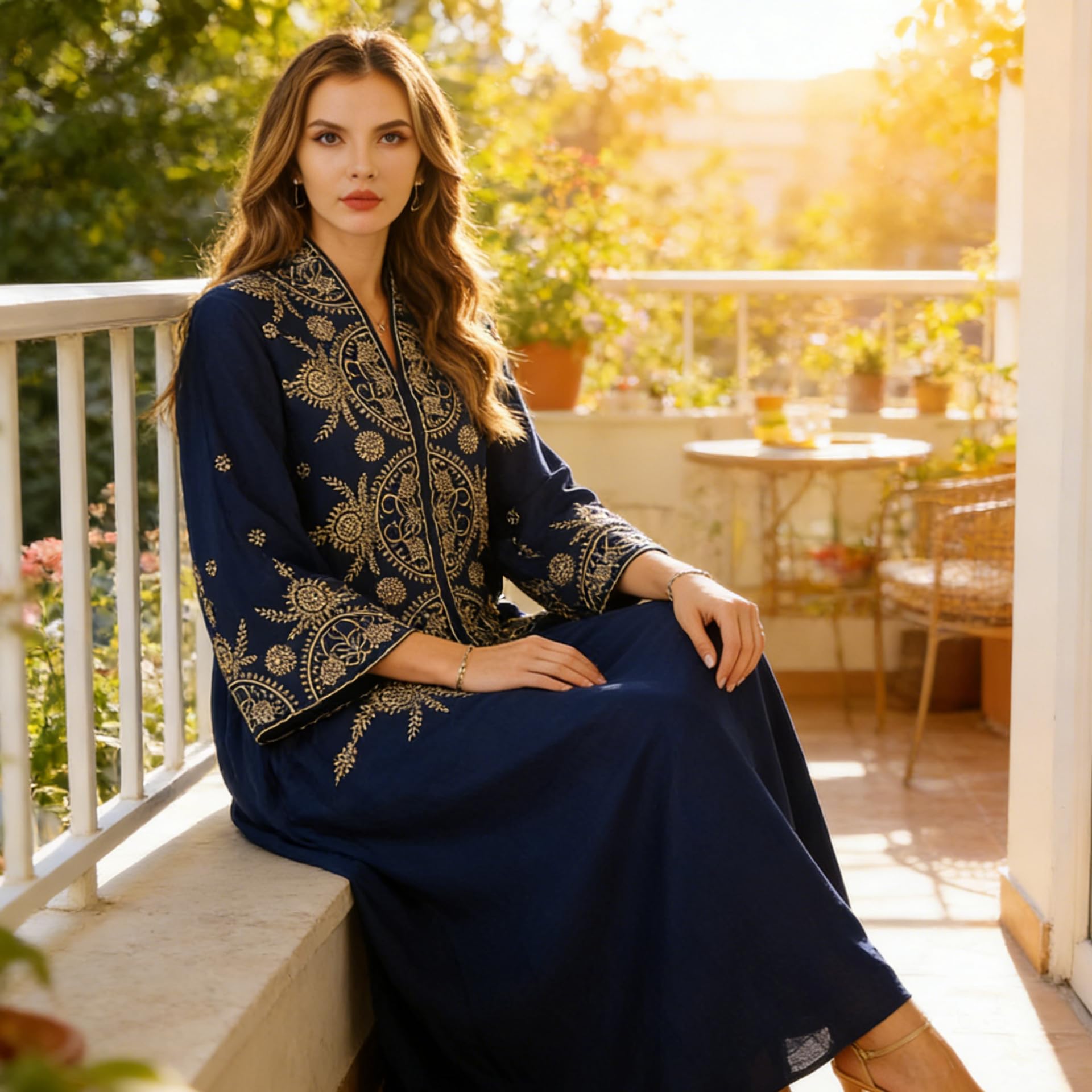 zhxinashu Abaya de Mujer Musulmana con Flores, Vestido Largo Tradicional con Intrincado Estampado Floral, Kaftan Mujere de Largo Completo para Fiesta de Boda, Celebraciones de Ramadan(Azul,L)