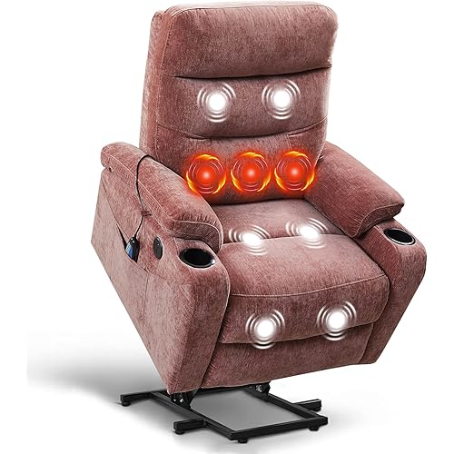 Electric Power Lift Recliner Chair, Vibration Massage Heated Chair for Elderly, Fabric Single Chair with 2 Side Pockets, Lounge Chair with 2 Cup Holders,1 USB Charge Port for Living Room