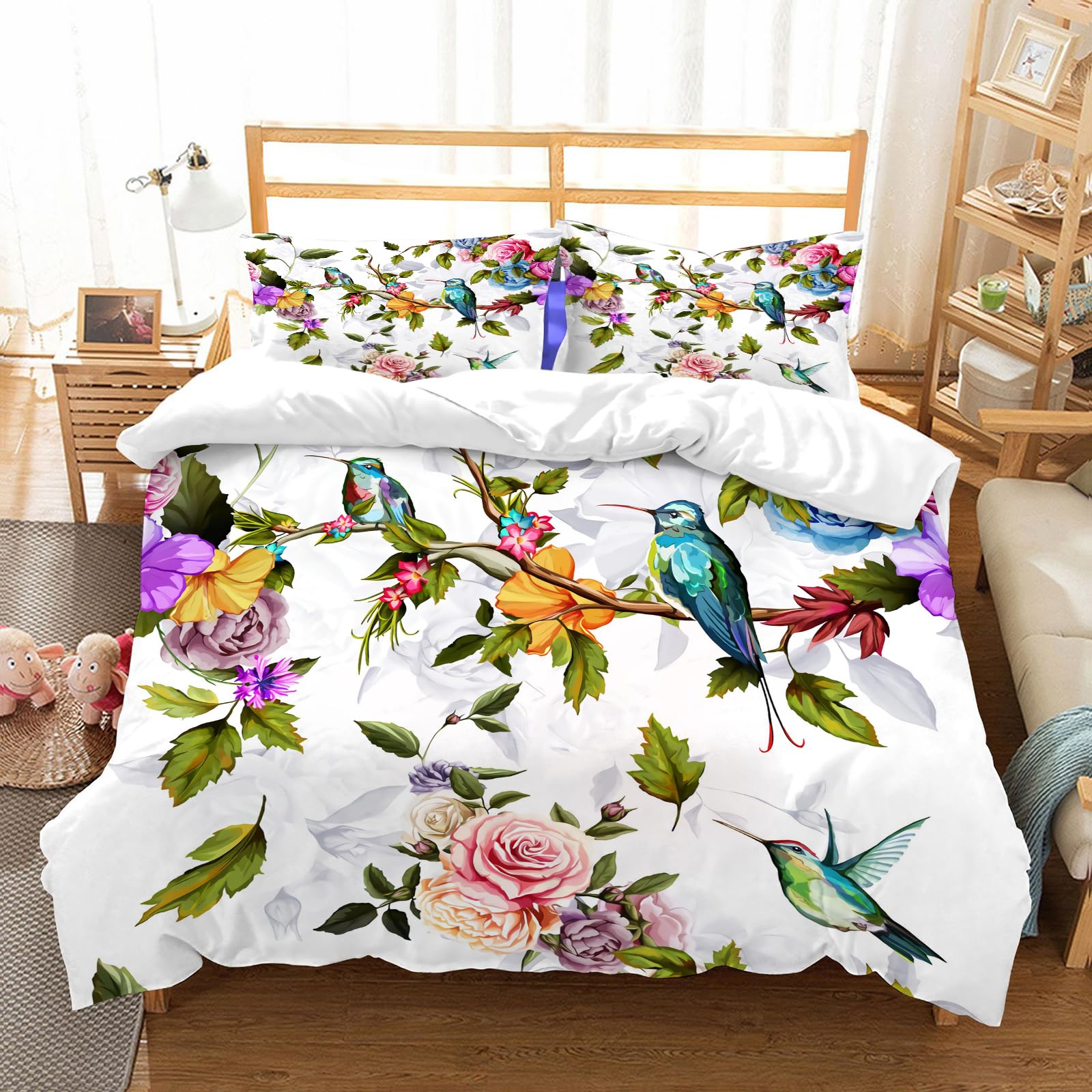 Ensemble de literie 200x228cm pivoine rose colibri avec 2 taies d'oreiller