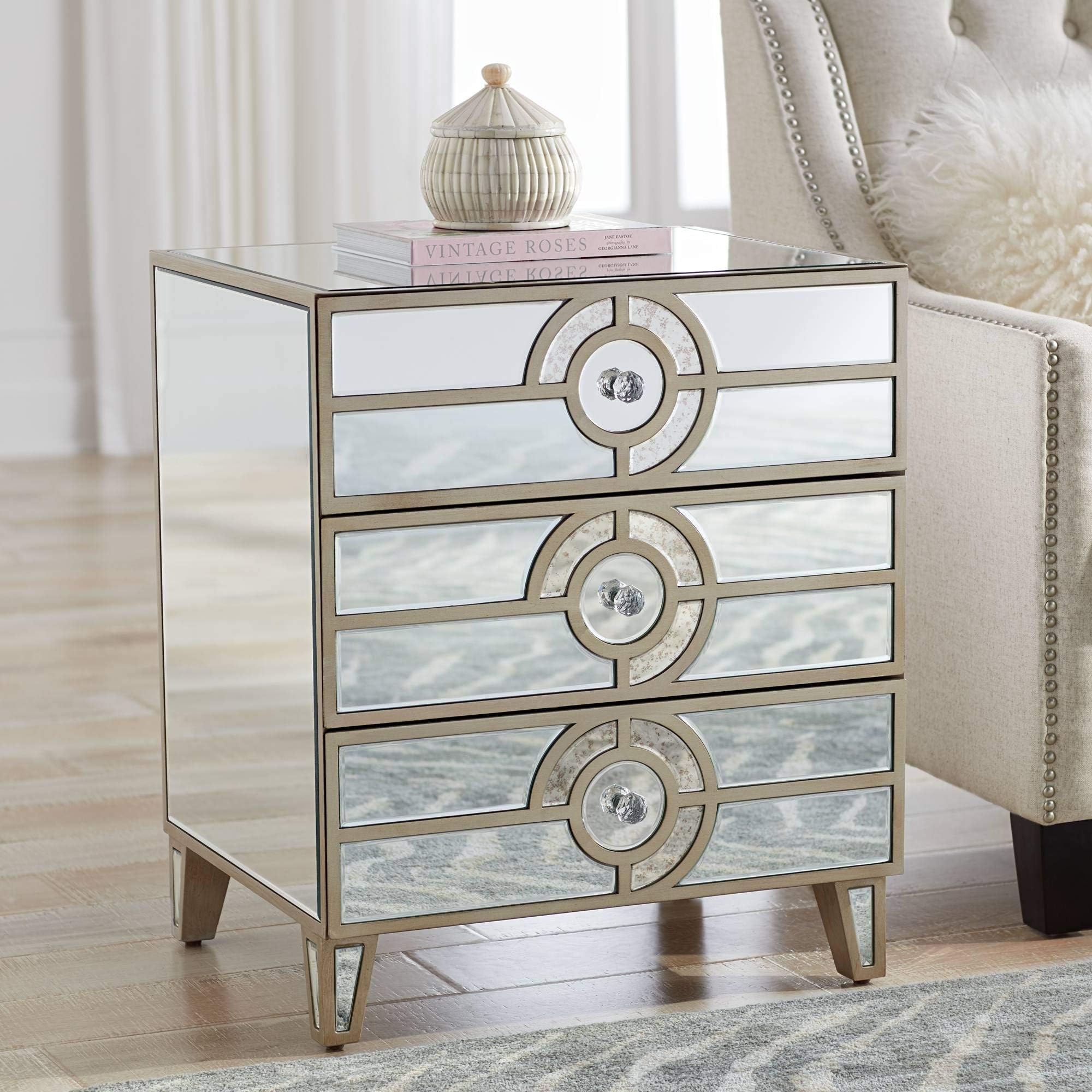 Studio 55D Janine Modern Champagne Silver Rectangular Accent Side End Table 21 1/2" x 17" Marbled Mirror Drawers for Living Room Bedroom Bedside Entryway House Balcony Office Bathroom Home