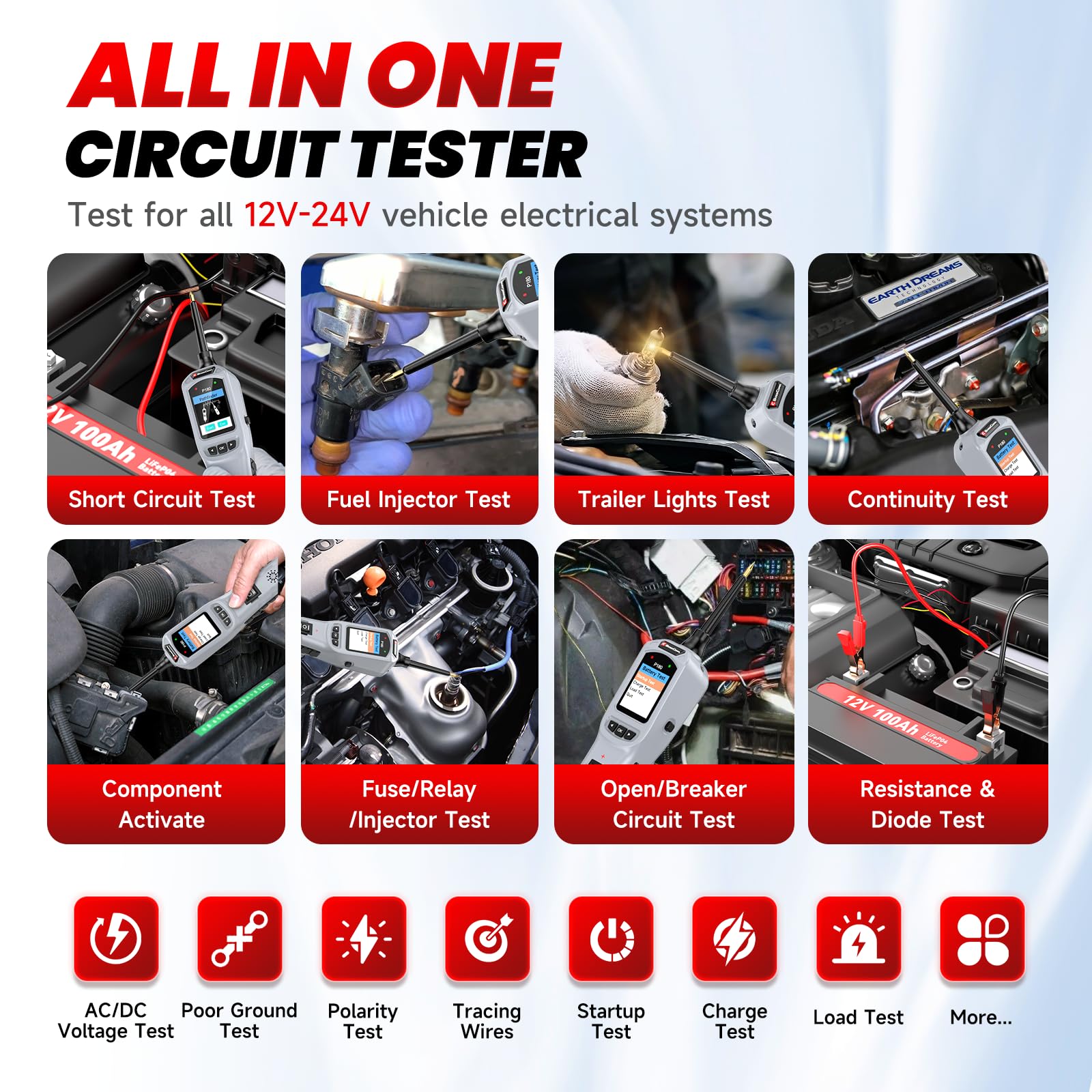 BOSSCOMM P180 - Probador de sonda de circuito de alimentación automotriz, herramienta de búsqueda de interruptores de 12-24 V, trazador de cables, prueba de batería, prueba de inyector de combustible