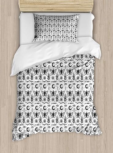 Ambesonne Magic Moon Duvet Cover Set, Repeating Monochrome Eye Bonfire