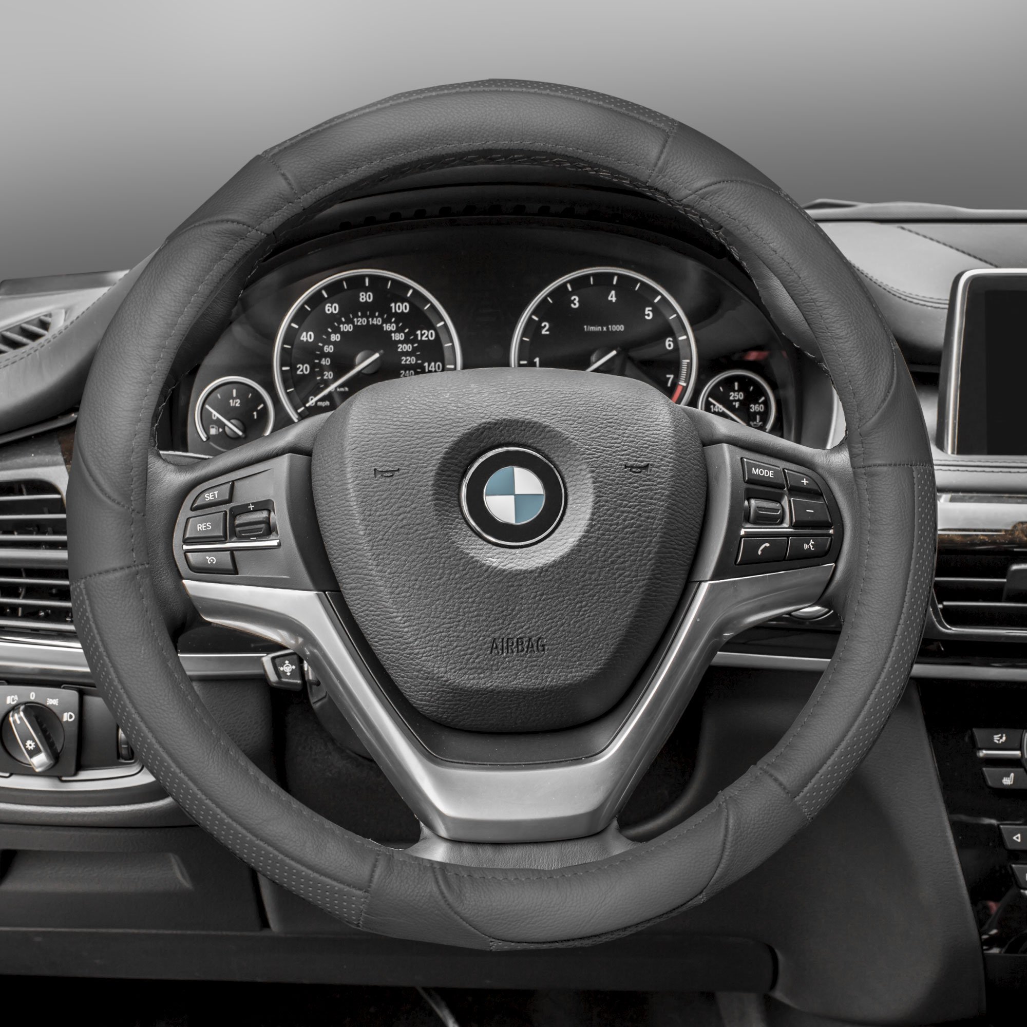 FH Group Universal Fit Deluxe Full Grain Authentic Leather Solid Gray Steering Wheel Cover Fits Most Cars, SUVs