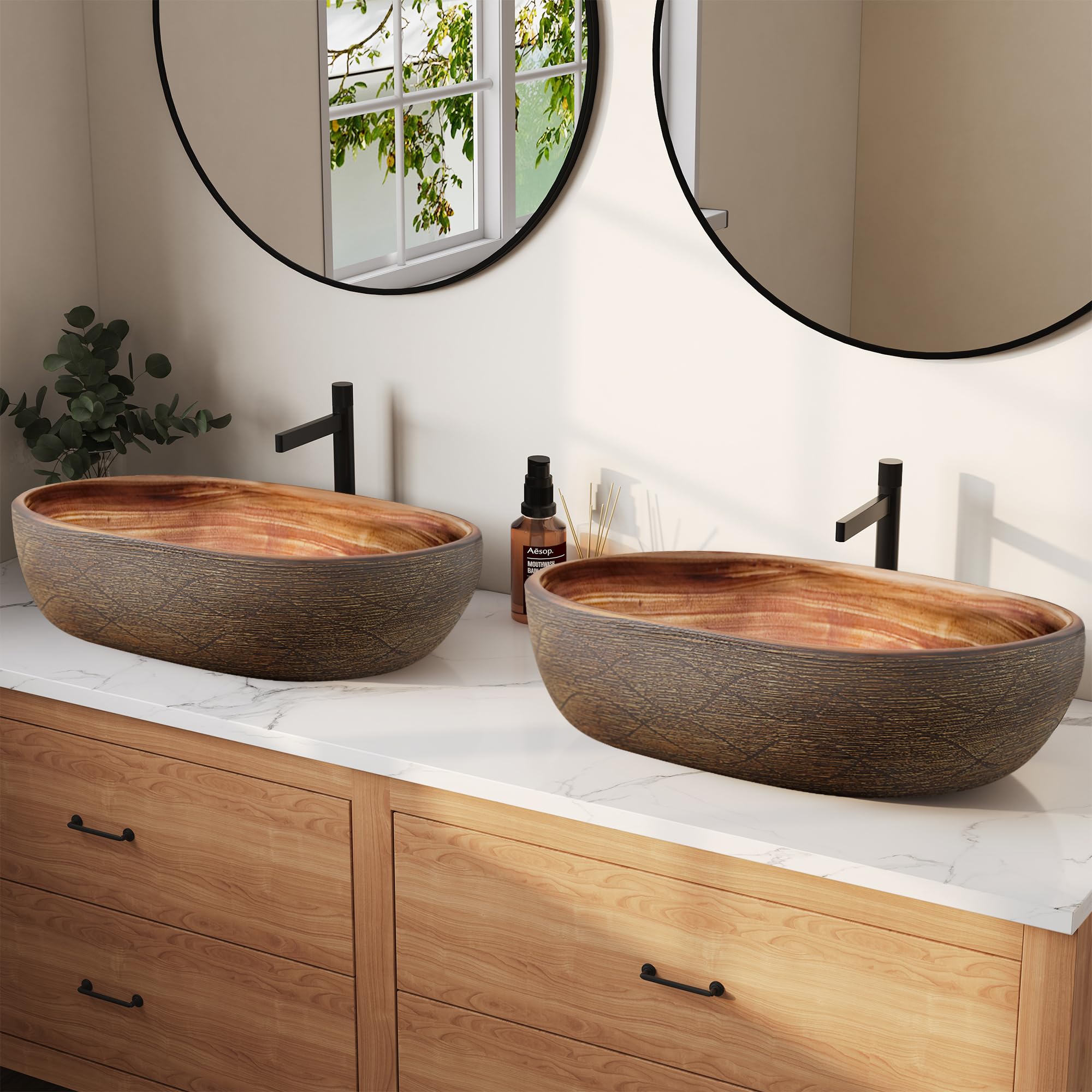 Homary Bathroom Vessel Sink, 18.82" Oval Bowl Sink Retro Ceramic Washbasin Above Counter for Bathroom,Without Pop-up Drain, Retro Brown, Pack of 2