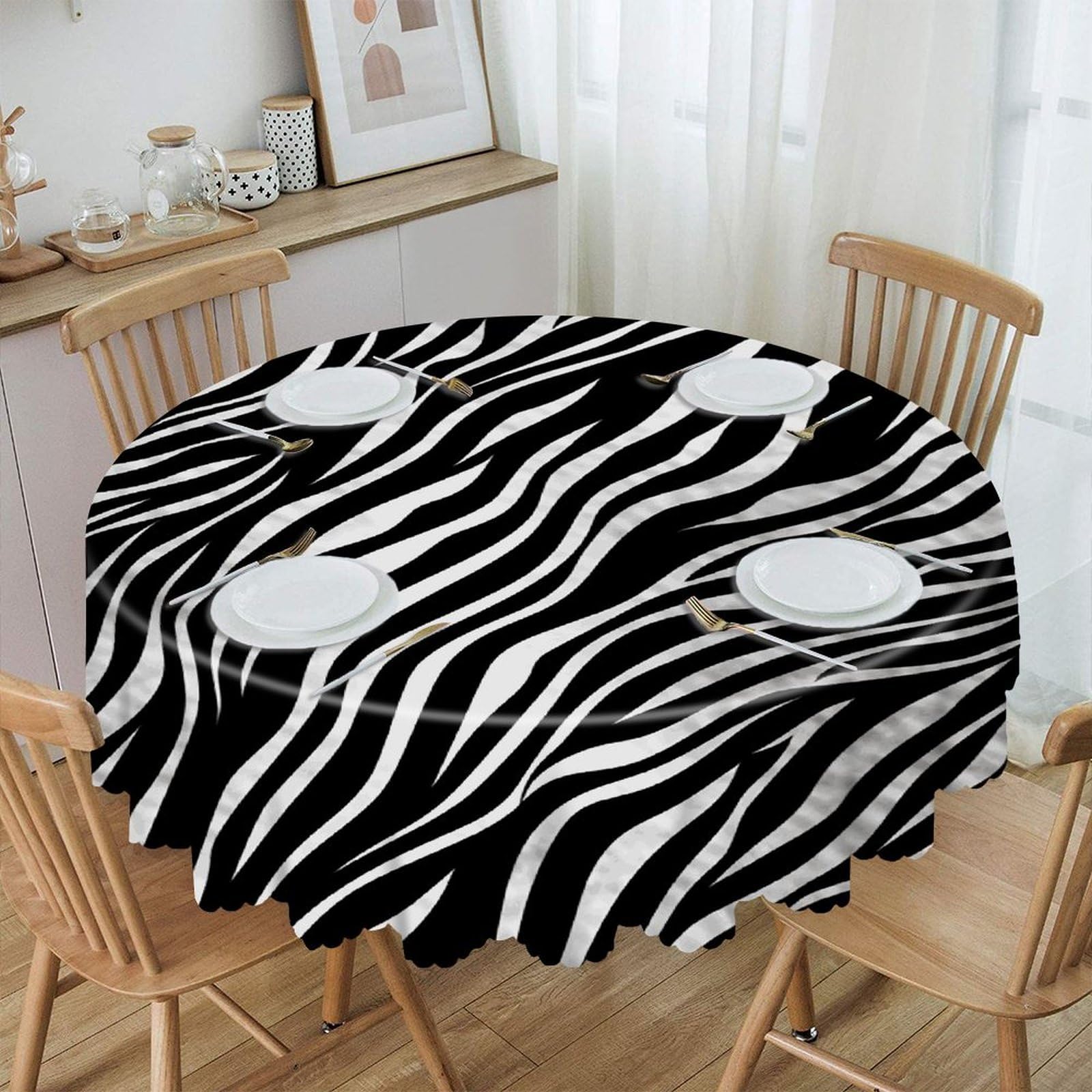 FekiLoot 60 Inch Round Zebra Print Tablecloth Waterproof Heavy Duty Polyester Table Cloth Spill-Proof Wipeable Table Cover Decorative Circle Dining Tablecover for Party Outdoor