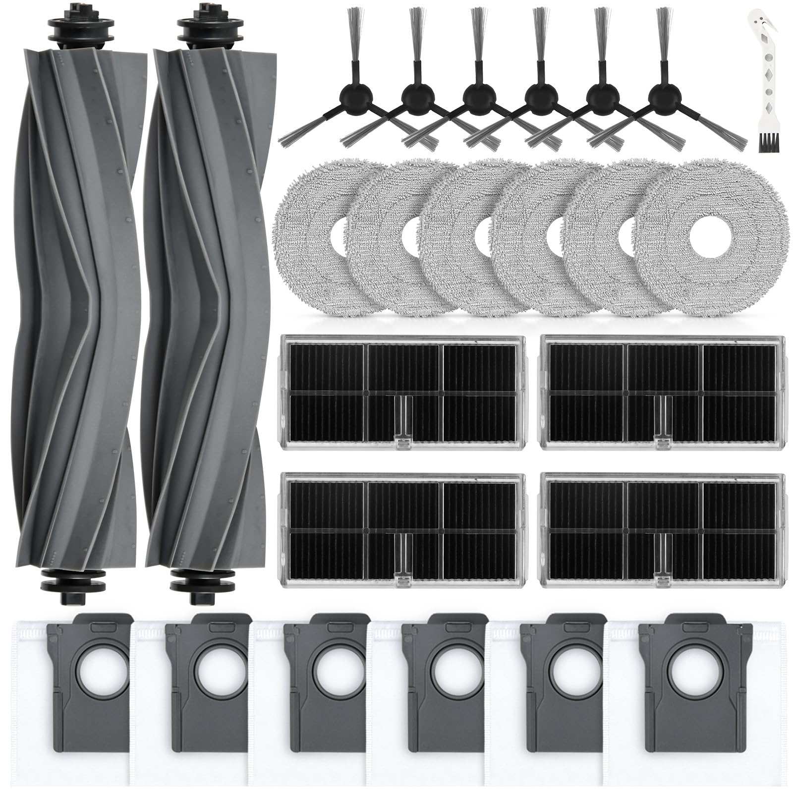 25 Stück Zubehör für Dreame L10s Pro Ultra Heat / L10s Ultra Gen 2 / X30 Ultra / L40 Ultra AE/Mova E30 Ultra Staubsauger, 2 Hauptbürste 6 Staubbeutel 6 Wischtücher 6 Seitenbürsten 4 Filter