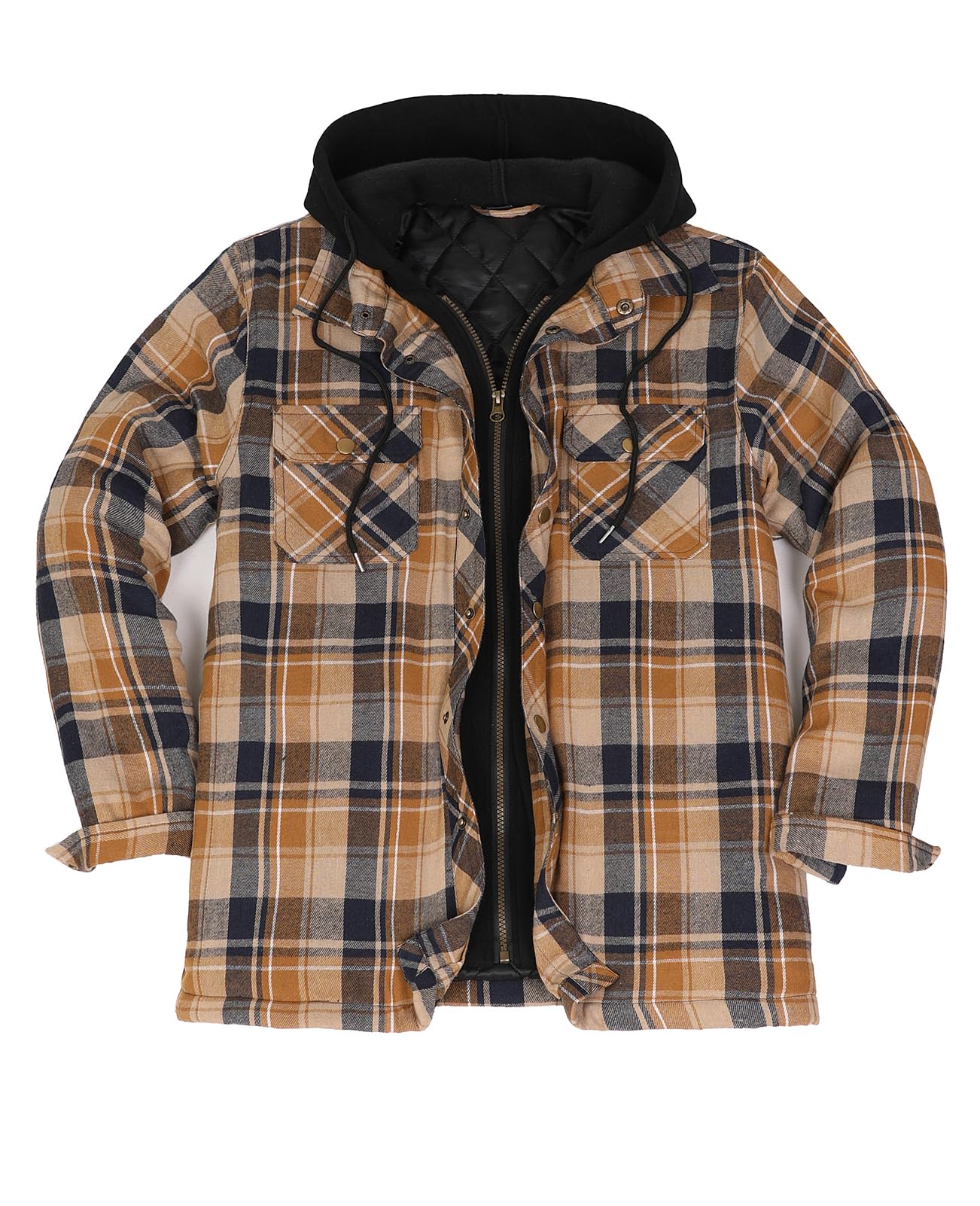 ZENTHACE Men's Thicken Plaid Hooded Flannel Shirt Jacket with Quilted Lined,Zipper&Snap