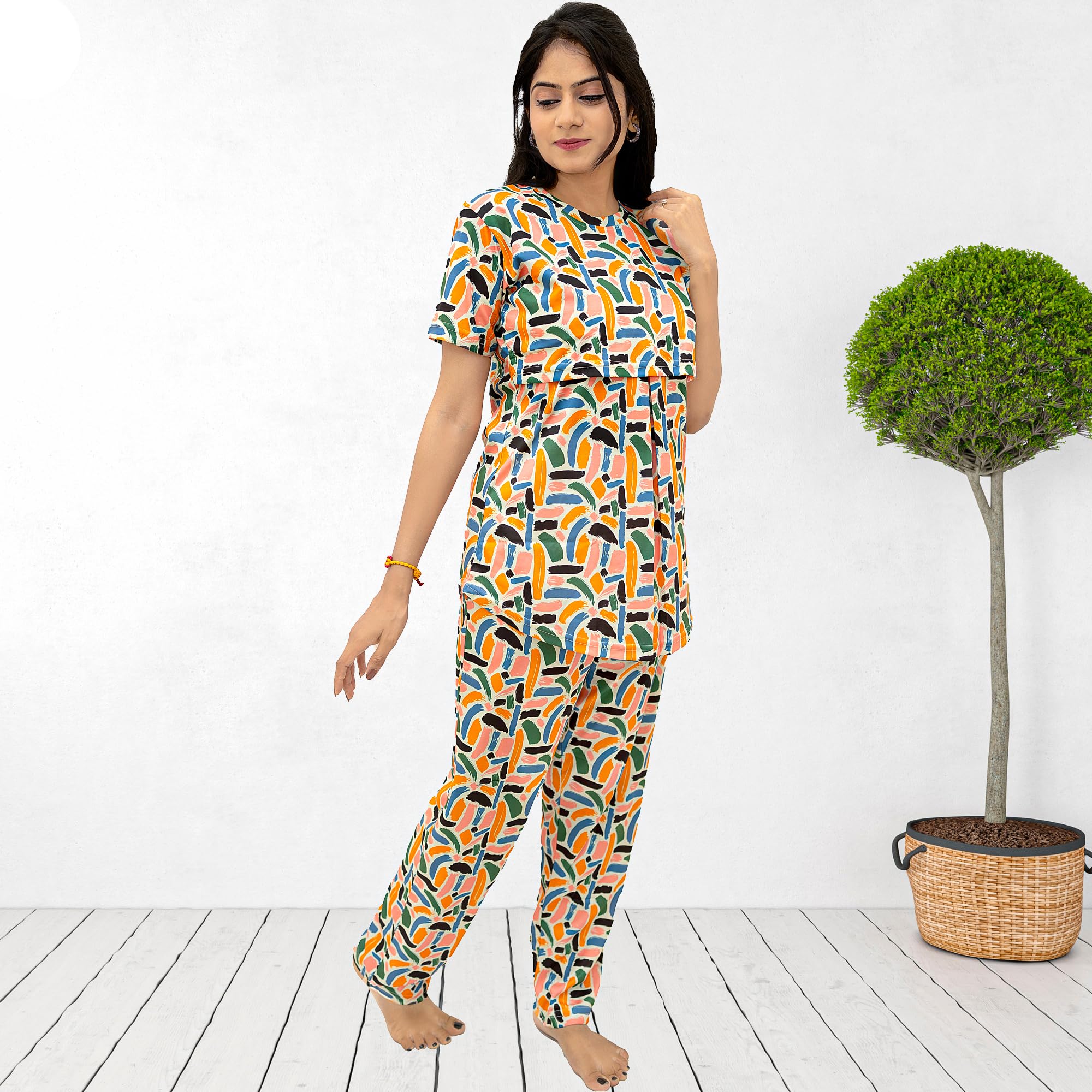The Starmom Women's Zipless Cotton Blend Printed Maternity & Feeding Night Suit Set of Top & Pajama Set | Pre & Post Pregnancy Nursing Night Dress Peach - Image 5 thumbnail