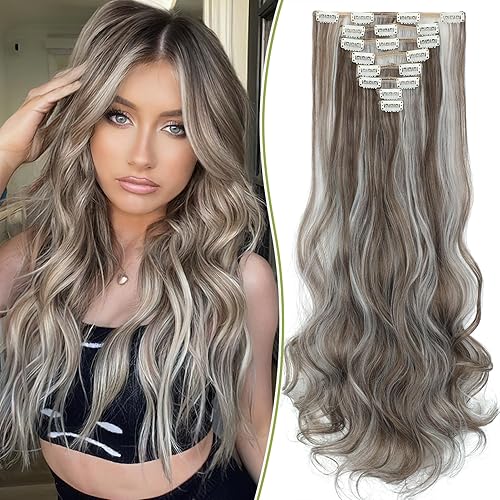 Miniatura 8 de Extensiones de cabello con clip, de 24 pulgadas, 8 unidades, color marrón claro, extensiones de cabello sintético largo ondulado con clip,