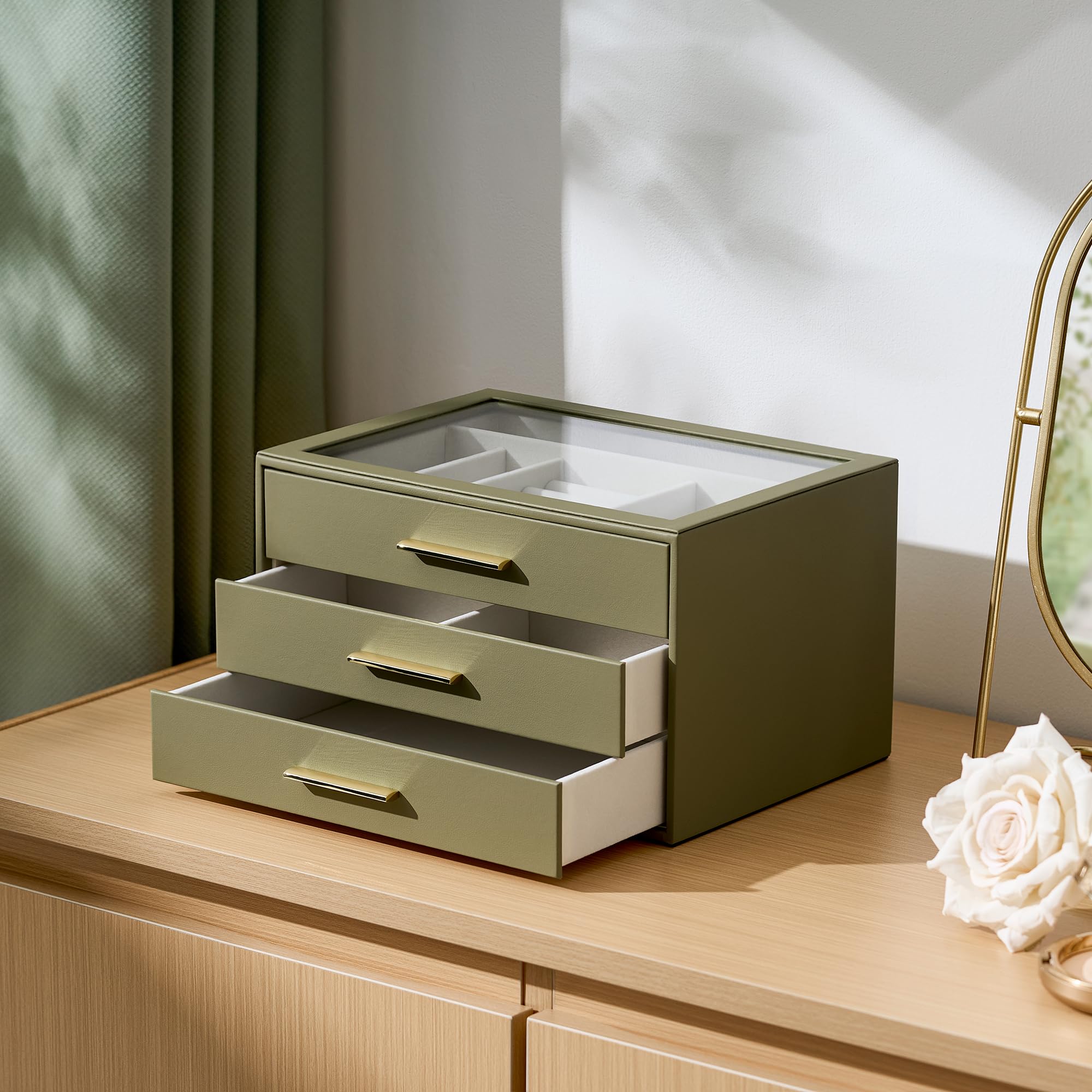 Boîte à bijoux de rangement, 3 couches avec fenêtre en verre, vert