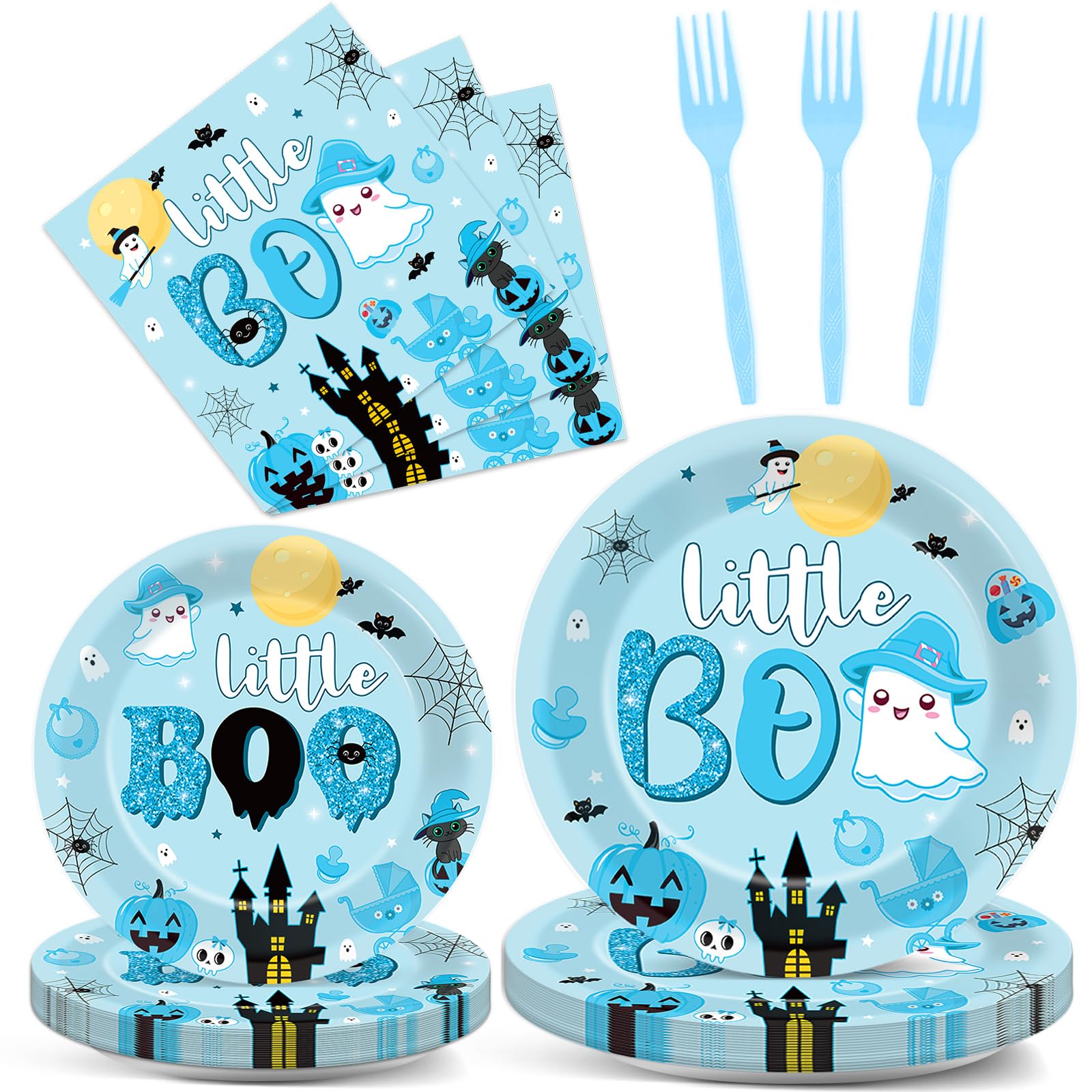 96PCS Halloween Little Boo Baby Shower Plates and Napkins for Boo baby shower Decorations Disposable Blue and Black Dinnerware Plates Napkins Forks for Halloween Party Favors