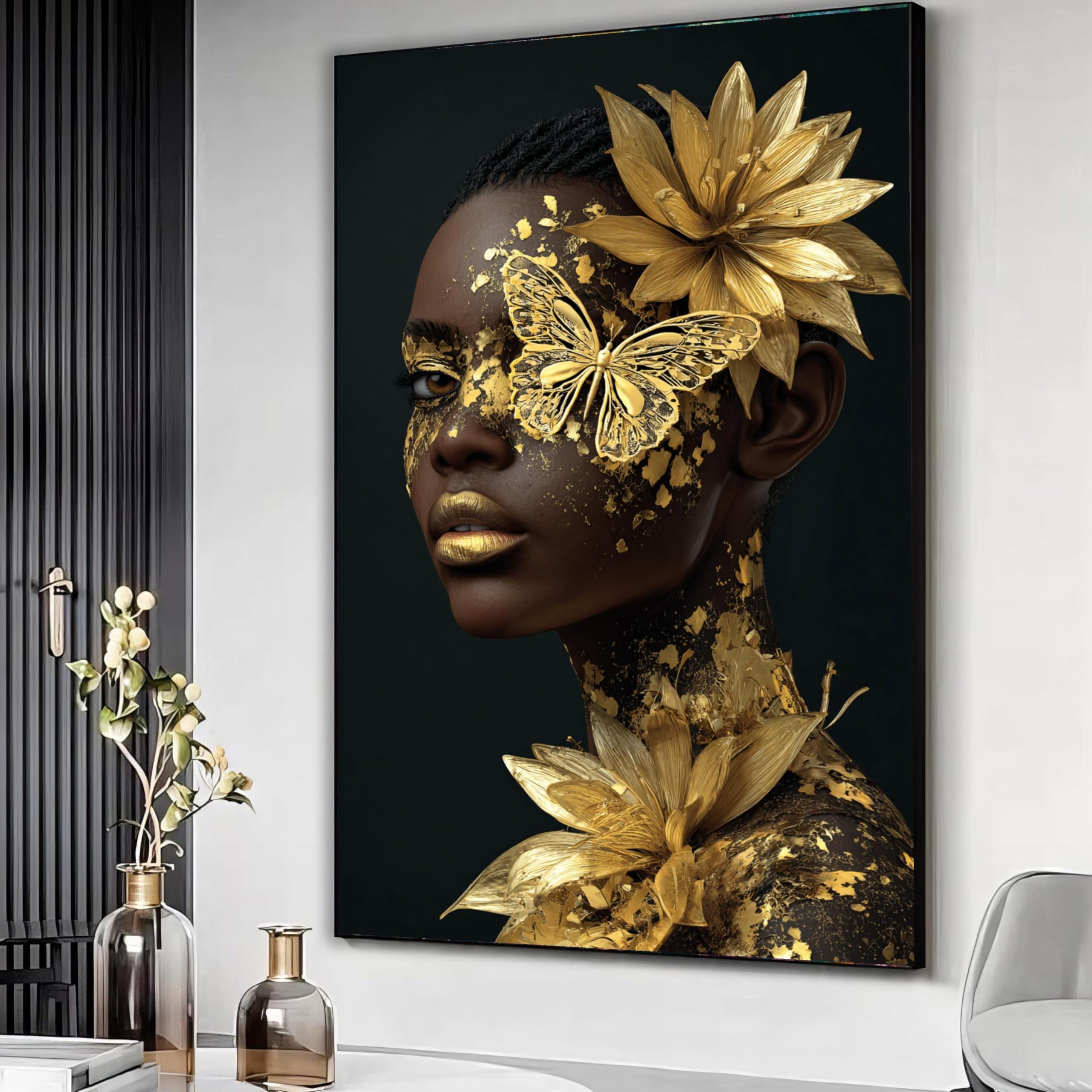 XBTYKPB Black Woman Portrait with Gold Butterfly and Flowers, Luxurious Face Art Canvas, Contemporary Wall Decor, Print Painting(80x120cm/Frameless)