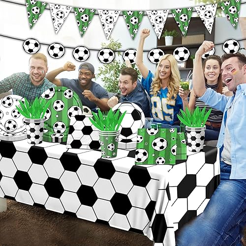 Miniatura 2 de Juego de vajilla para fiesta de fútbol, 142 platos de fútbol y servilletas, suministros para fiesta, incluye pancarta, platos, vasos, servilletas,