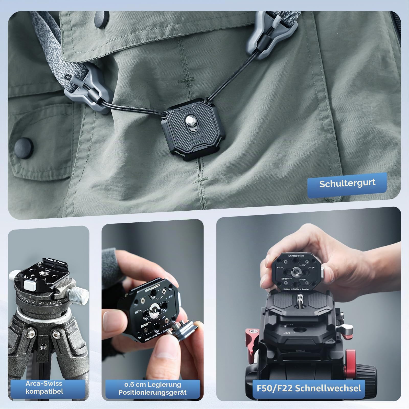 FALCAM F38 Schnellwechselplatten Kit V2, Basis und Platte, mit 1/4" & 3/8" Adapter, Aluminiumlegierung, Anti-Lockerungs-Design, kompatibel mit Arca Swiss, für Stative/Einbeinstative/Stabilisatoren