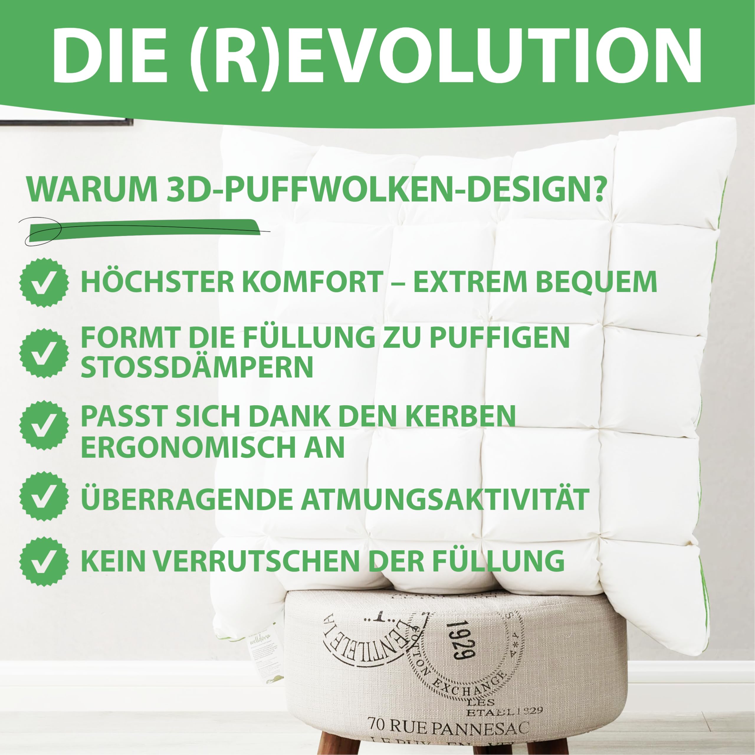 Welldora Premium Kopfkissen 40x80 | 100% Daunenfasern & Federn | Innovatives Puffwolken-Design für höchsten Komfort & Ergonomie | Mittelfestes Kissen fachärztl. geprüft, Oeko-Tex zert. in der Schweiz